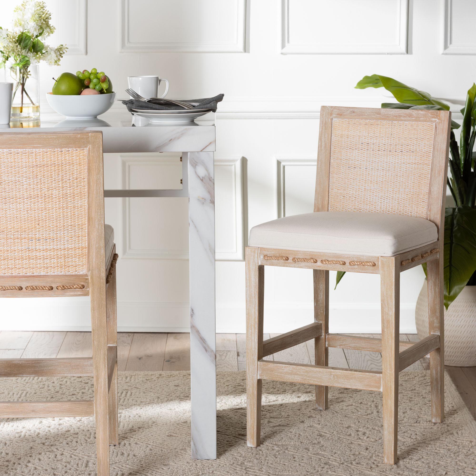 Ashford Whitewash Rattan Counter Stool - Mahogany Wood Frame with Handwoven Wicker Backrest and Braided Rope Inserts for Coastal Kitchen