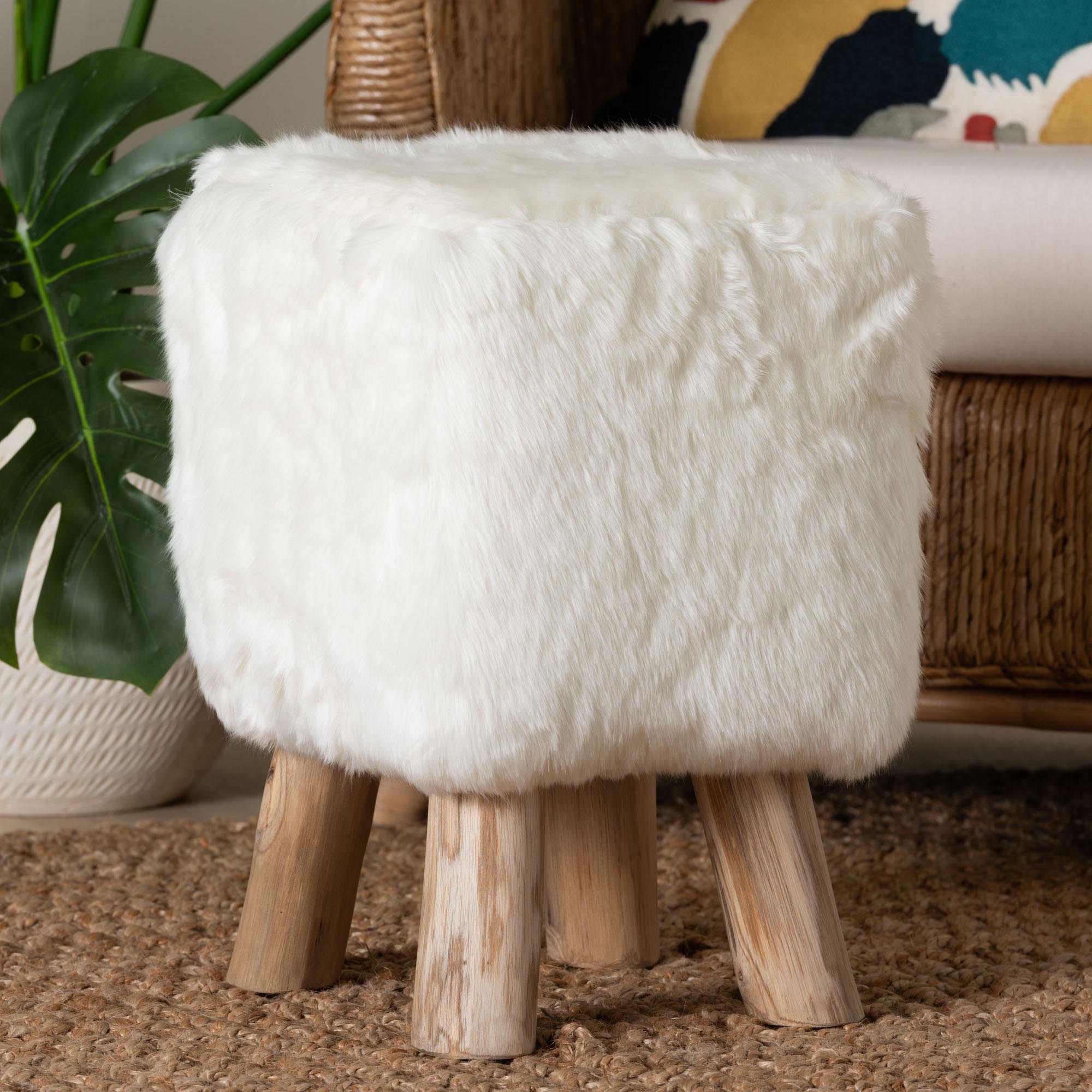 Scotlyn Faux Fur Footstool with Teak Wood Legs - Rustic Boho Accent Seat, Handmade Decorative Footrest for Living Room or Bedroom, White