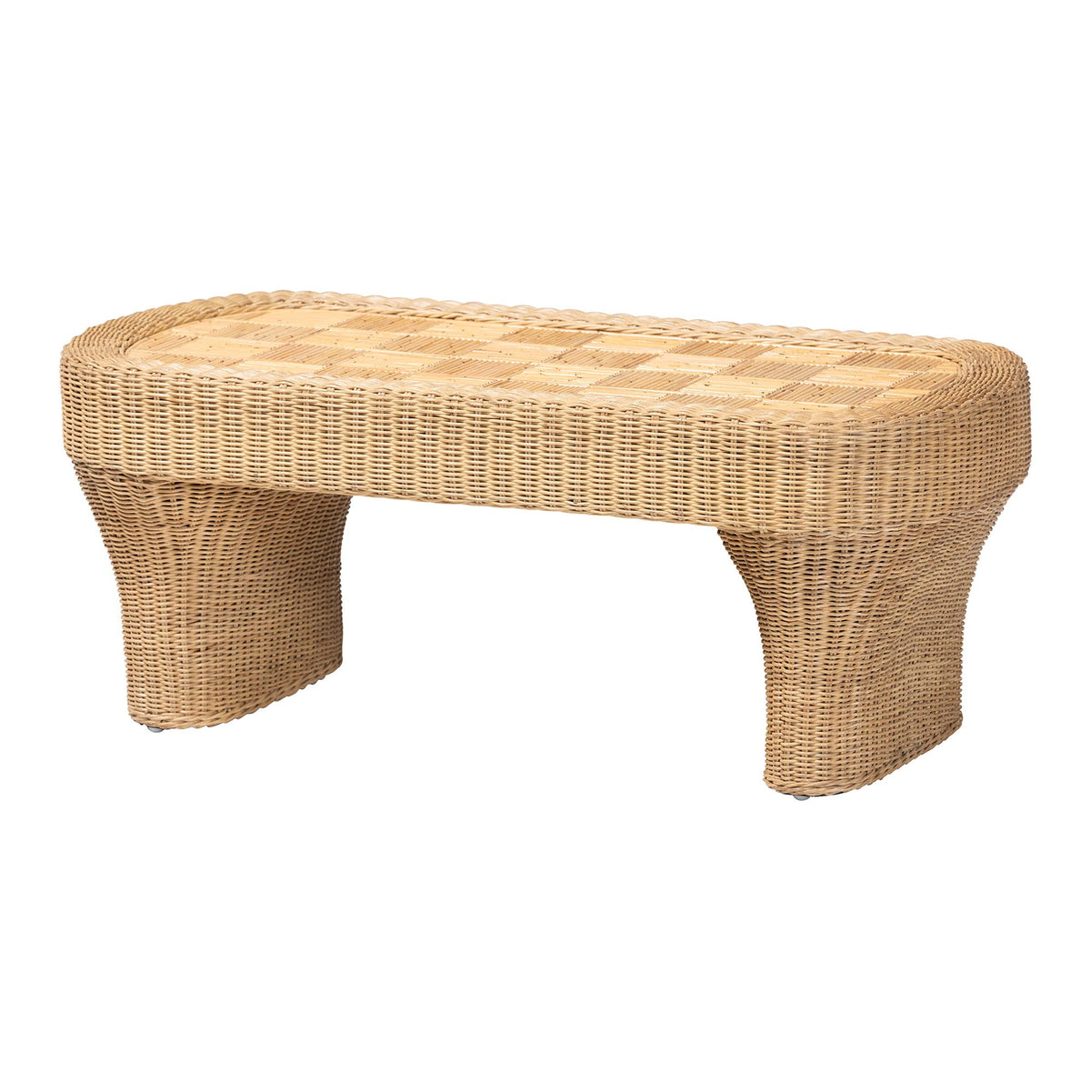 Canika Natural Rattan Coffee Table - Handwoven Wicker Accent Table with Checkered Tabletop and Waterfall Base for Living Room or Sunroom