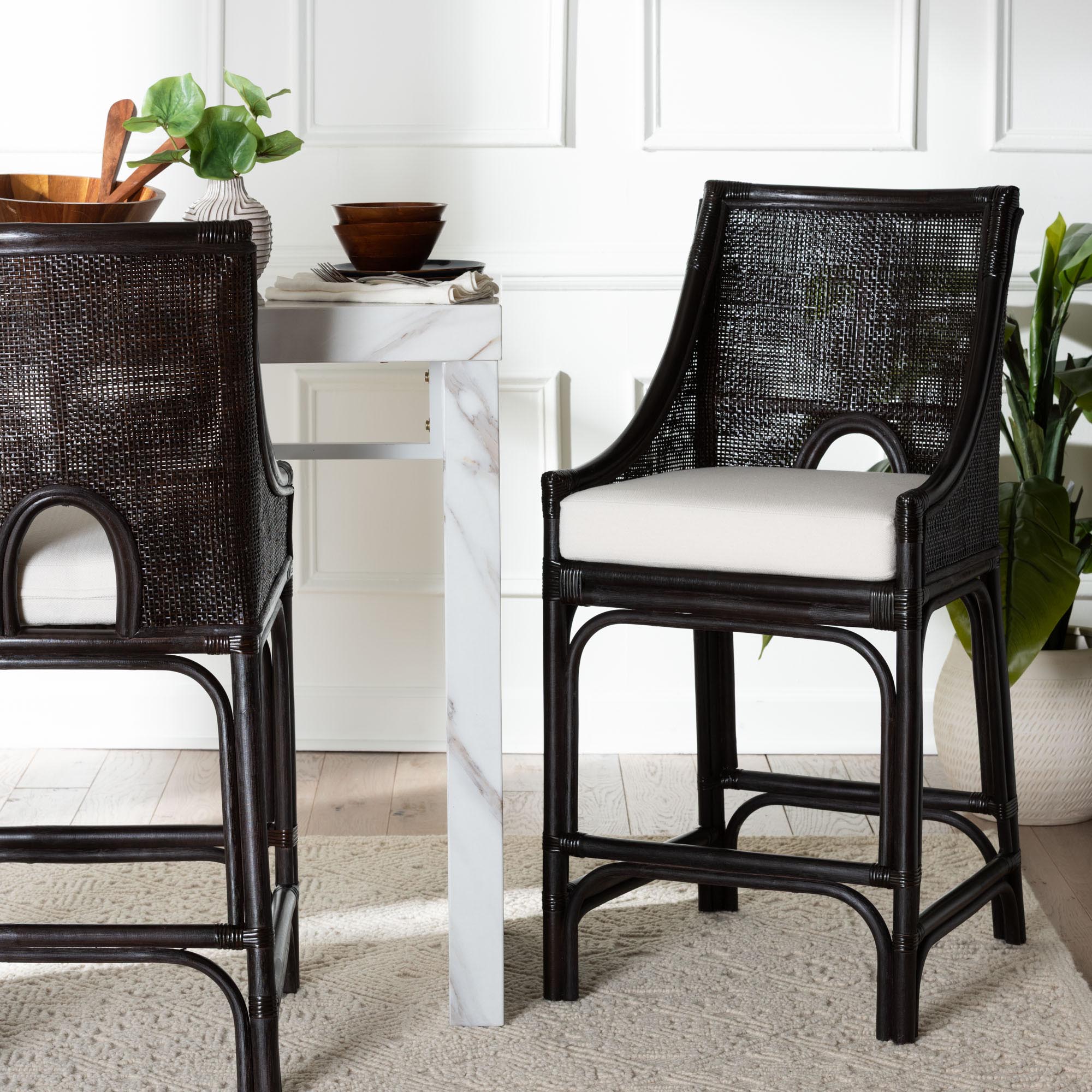 Acton Natural Rattan Counter Stool - Handwoven Wicker Accent Stool with Tall Back and Sloped Arms, Boho Coastal Kitchen Seating