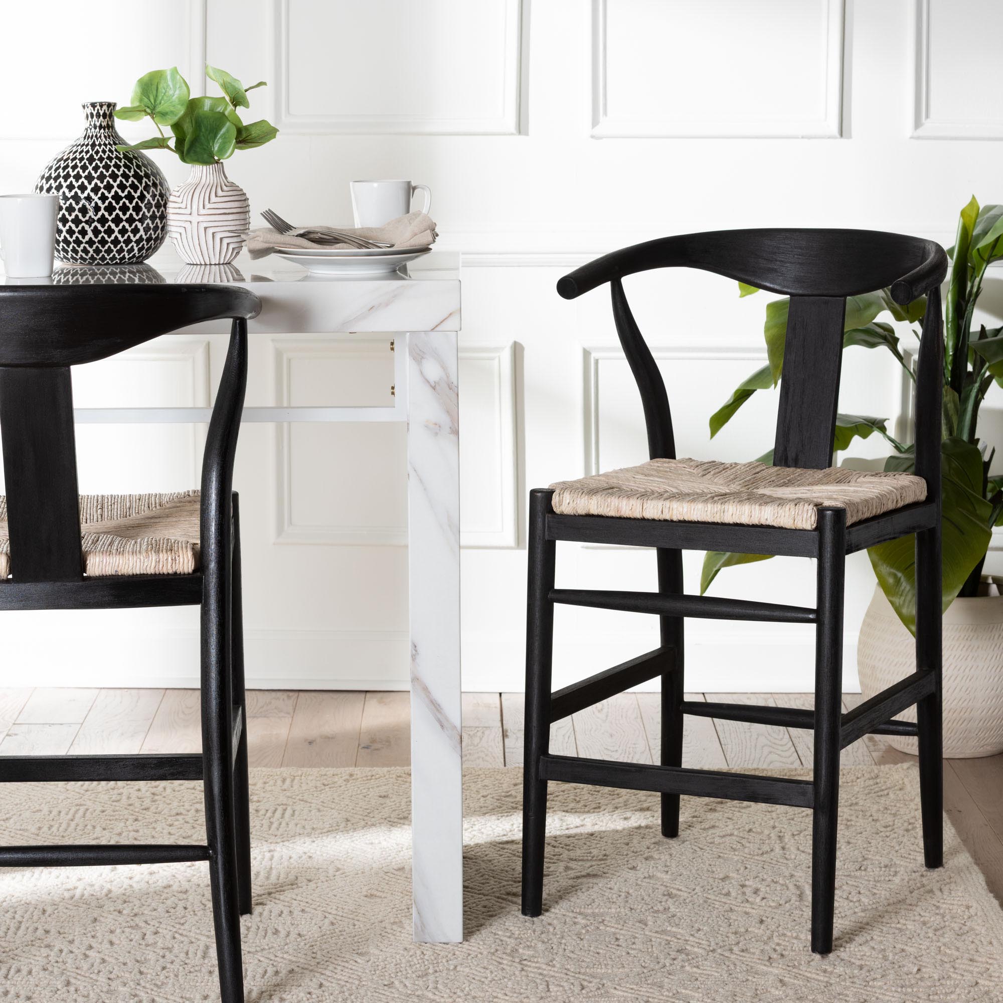Fika Wishbone Counter Stool with Handwoven Seagrass Seat - Mahogany Wood Frame Counter Height Seating for Kitchen Island or Dining Area, Black