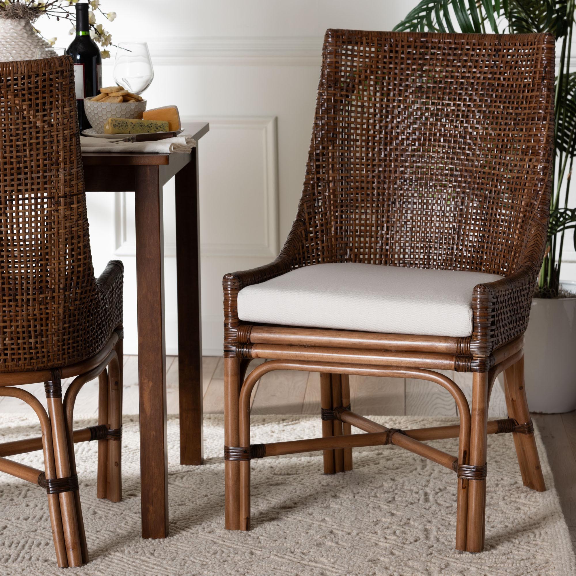 Bella Rattan Dining Chair with Cushion - Handwoven Wicker Accent Side Chair with High Backrest, Coastal Boho Seating for Kitchen or Dining Area, Coffee Bean