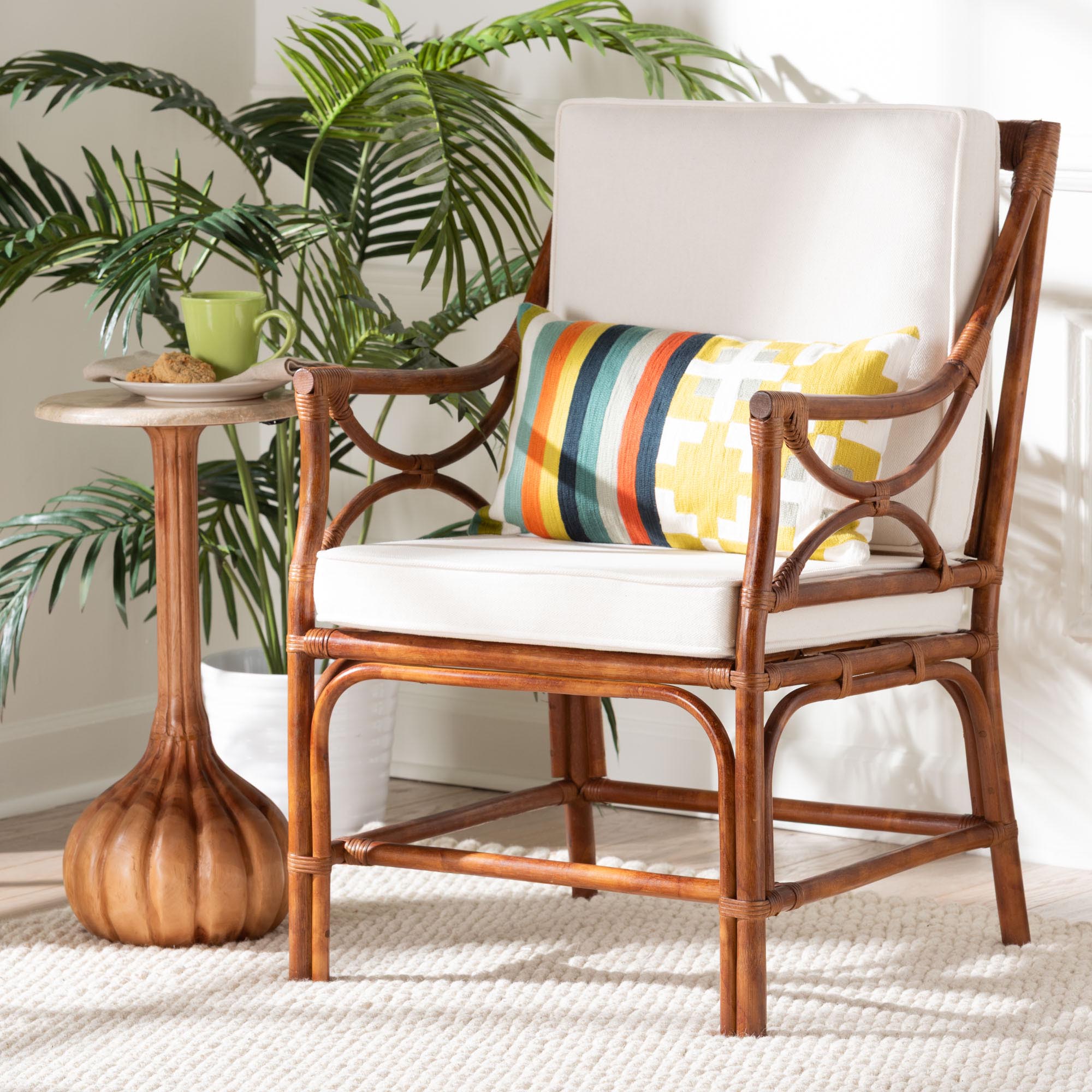 Cleantha Marbled Tortoise Natural Rattan Armchair - Handcrafted Wicker Accent Chair with Curved Armrests and Cushioned Seat for Coastal Living Room or Sun Room