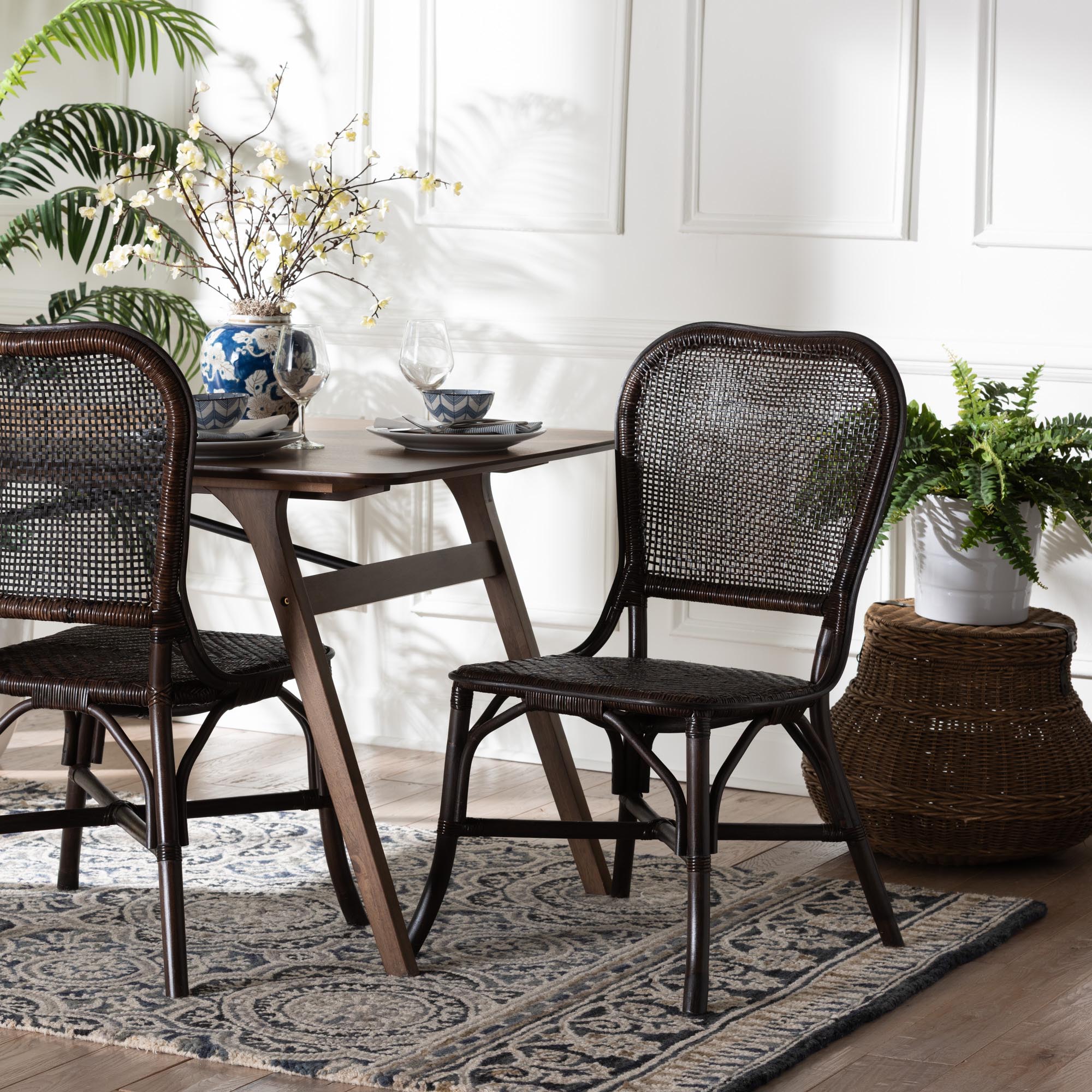 Irene Natural Rattan Dining Chair - Handwoven Wicker Accent Chair with Lattice Backrest for Kitchen or Dining Room