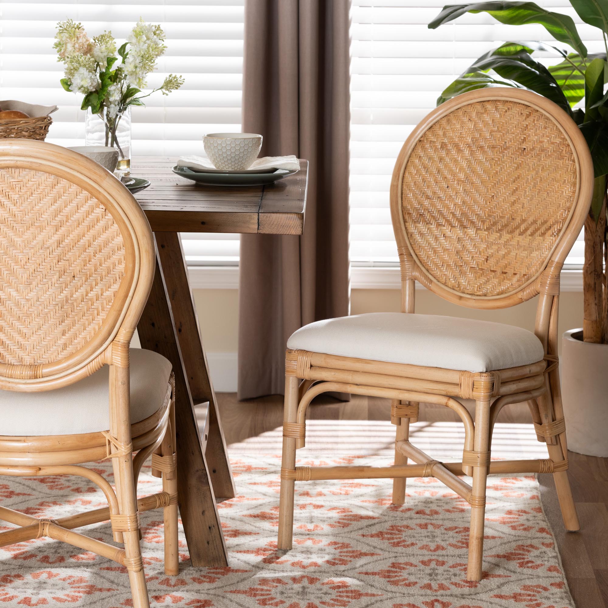 Elmer Natural Rattan Dining Chair - Handwoven Wicker Accent Chair with Cushioned seat for Kitchen or Dining Room, Natural Brown