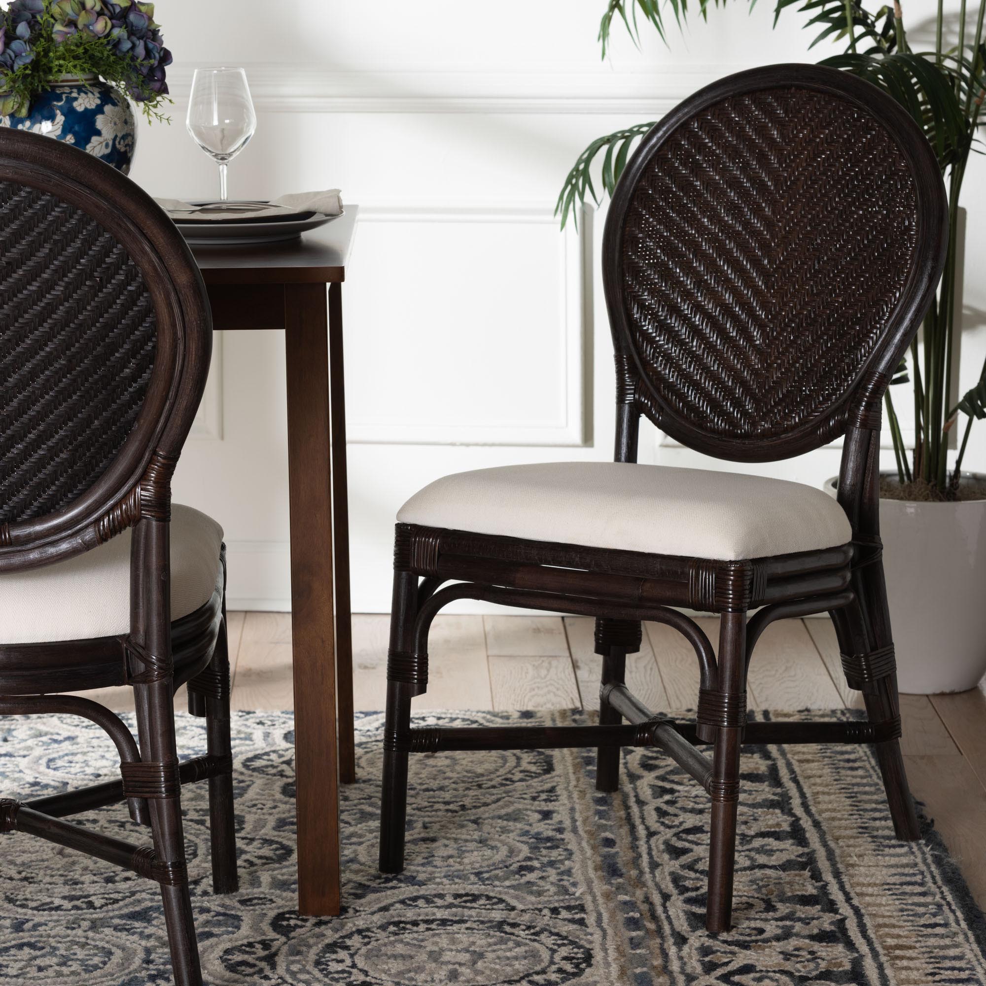 Elmer Natural Rattan Dining Chair - Handwoven Wicker Accent Chair with Cushioned seat for Kitchen or Dining Room, Espresso