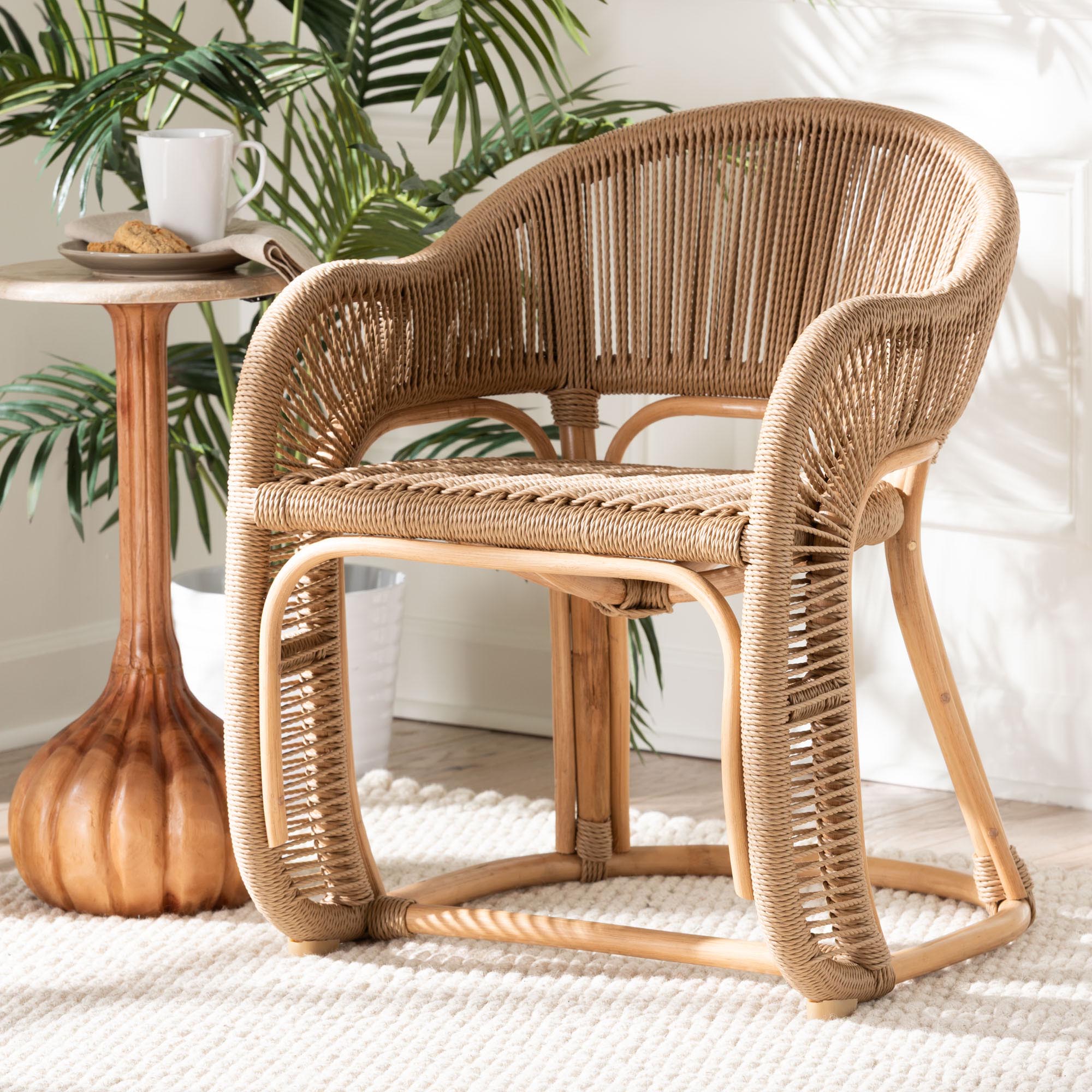 Isra Natural Rattan Accent Chair with Handwoven Synthetic Wicker – Curved Barrel Back Lounge Chair for Coastal Living Spaces