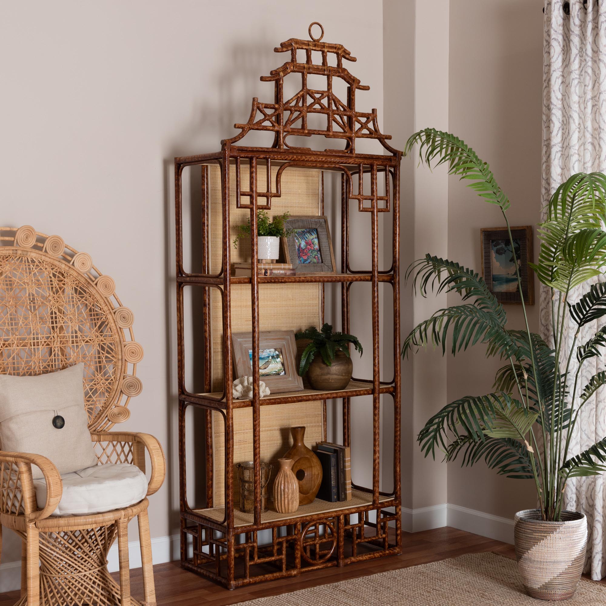 Tamiko Marbled Tortoise Rattan 3-Tier Accent Shelf - Pagoda Freestanding Etagere Shelving for Living Room, Bedroom, or Entryway
