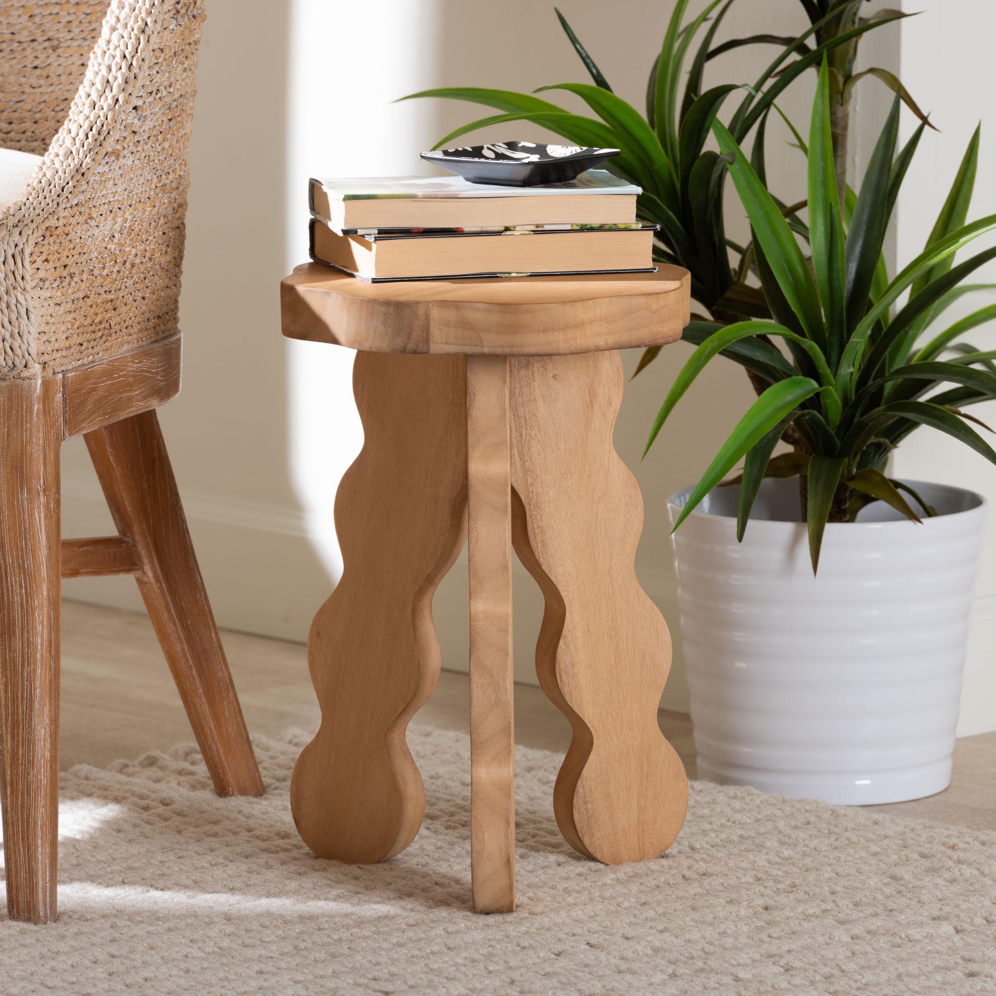 Sino Acacia Wood Multipurpose Accent Stool - Sculptural End Table with Wavy Tripod Base for Living Room, Bedroom or Dining Room