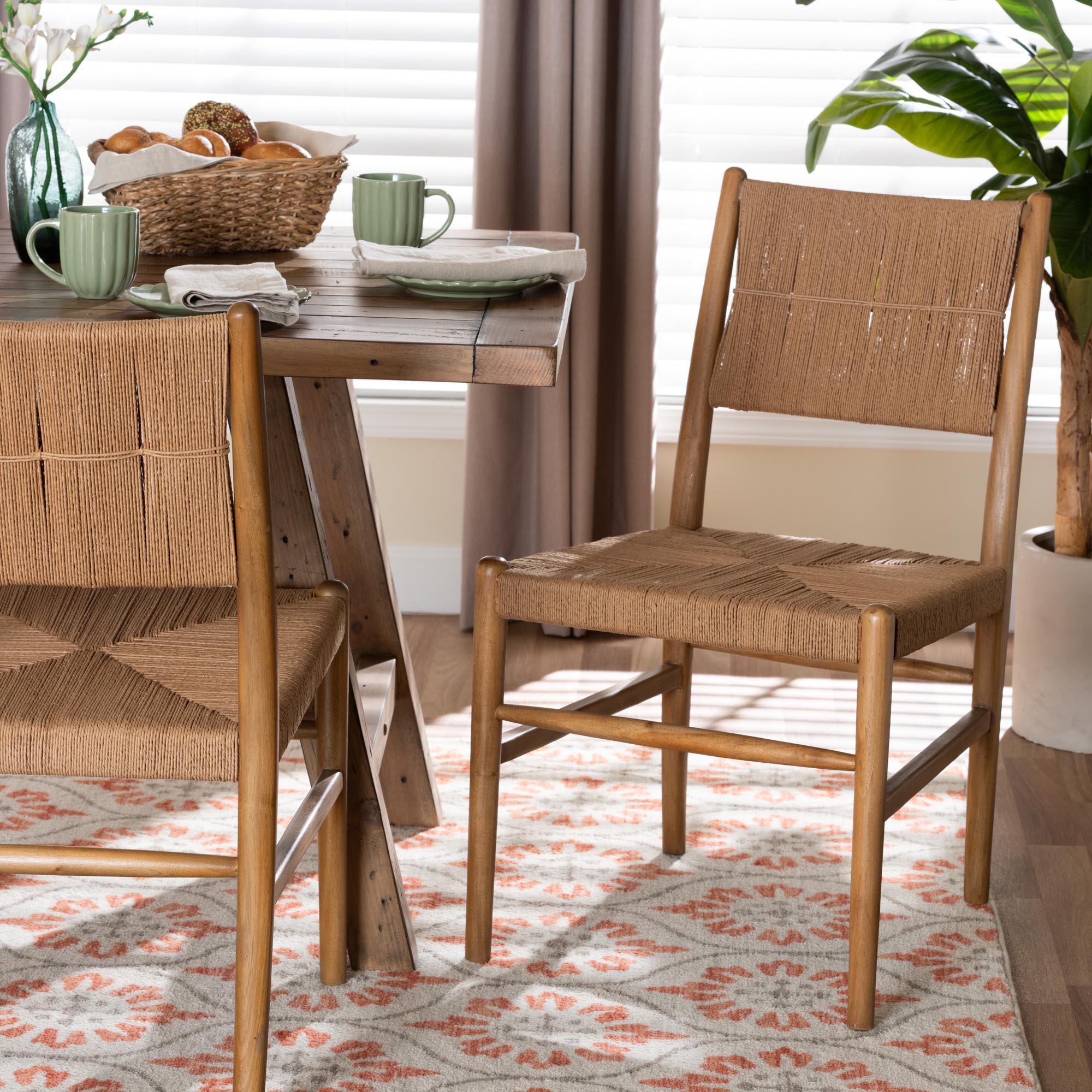 Alva Paper Loom Woven 2-Piece Dining Chair Set - Handwoven Side Chair with Mahogany Wood Frame for Kitchen or Dining Room