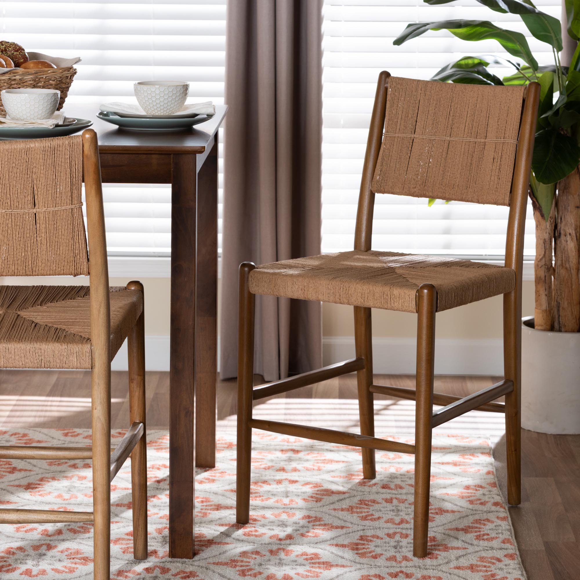 Alva Paper Loom Woven Counter Stool - Handwoven Accent Stool with Mahogany Wood Frame for Kitchen Island or Lounge