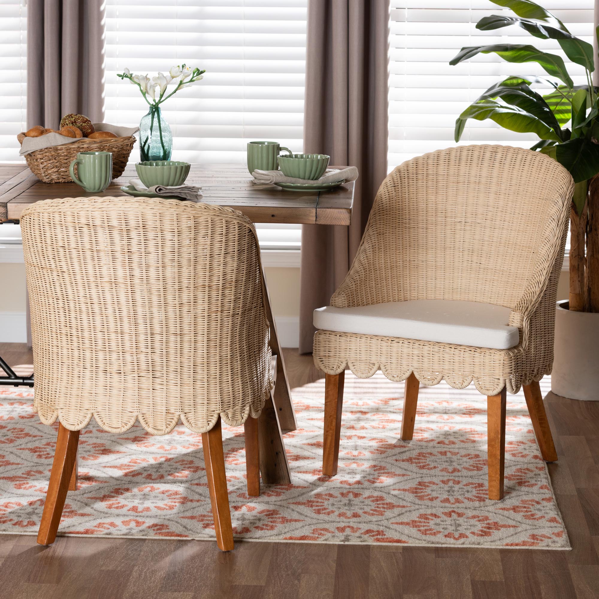 Mabel Natural Rattan 2-Piece Dining Chair Set - Handwoven Wicker Accent Chair with Wingback Frame and Seat Cushion for Kitchen or Dining Room