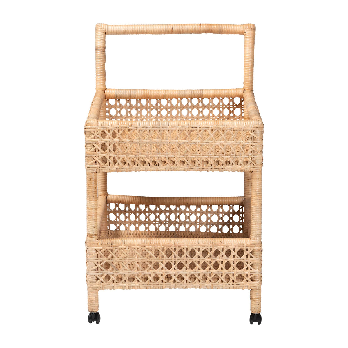 Alaina Natural Rattan Kitchen Cart - 2-Tier Handwoven Wicker Storage Trolley with Handle for Kitchen or Lounge