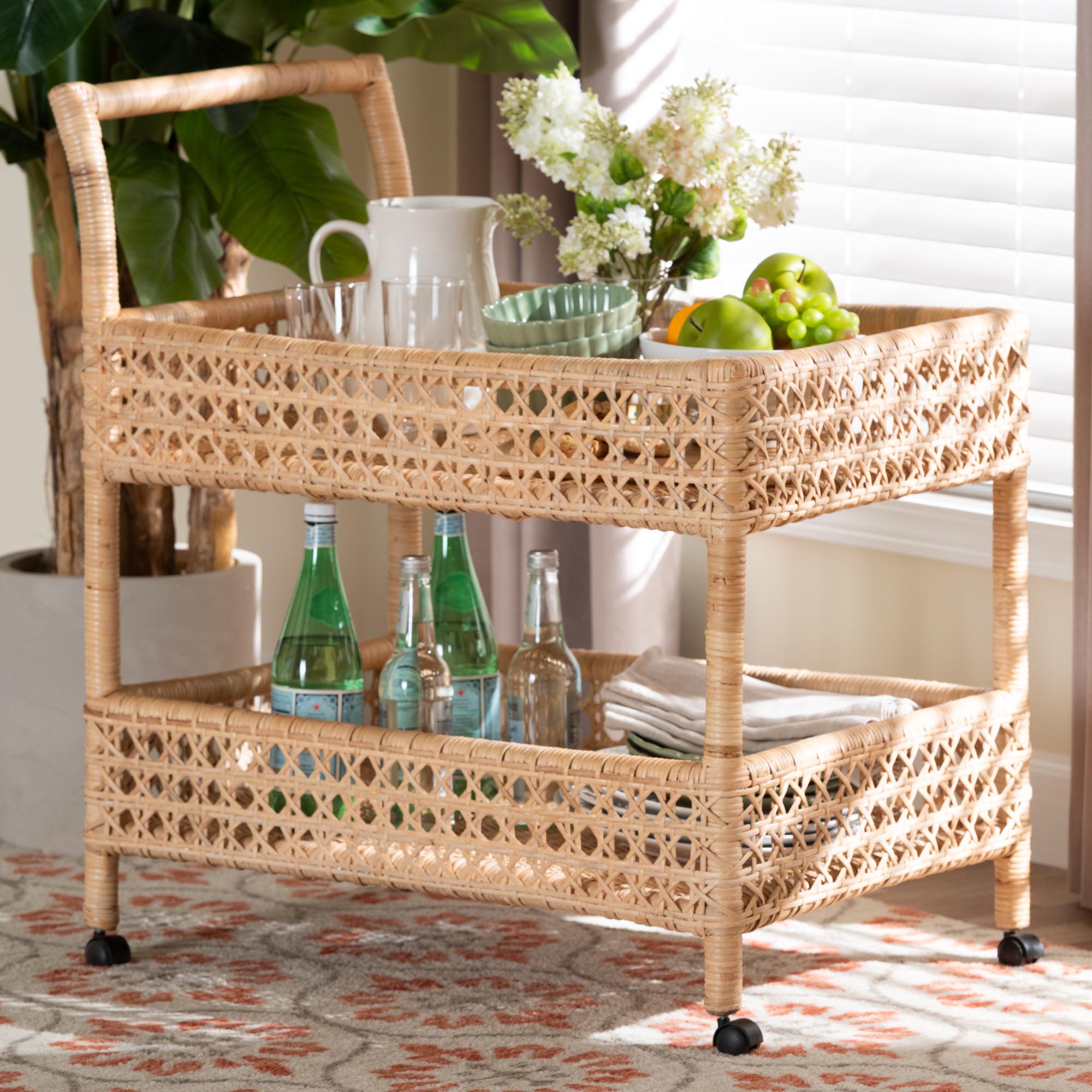 Alaina Natural Rattan Kitchen Cart - 2-Tier Handwoven Wicker Storage Trolley with Handle for Kitchen or Lounge