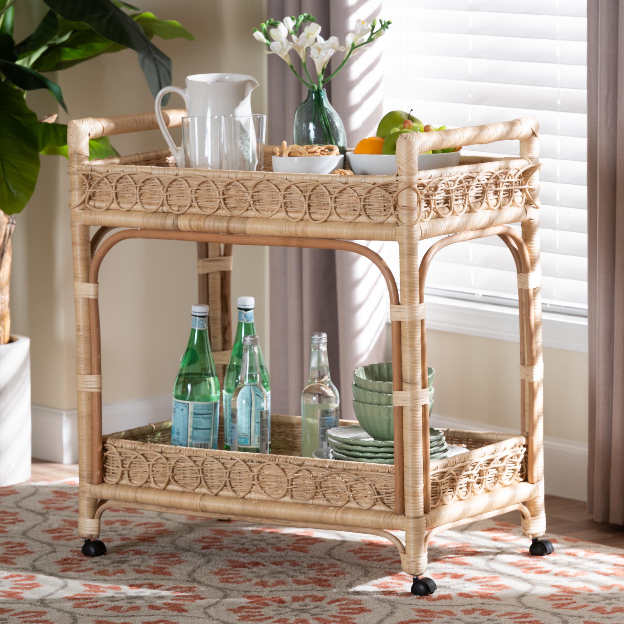 Carole Natural Rattan Kitchen Cart - 2-Tier Handwoven Wicker Storage Trolley with Raised Borders for Kitchen or Lounge