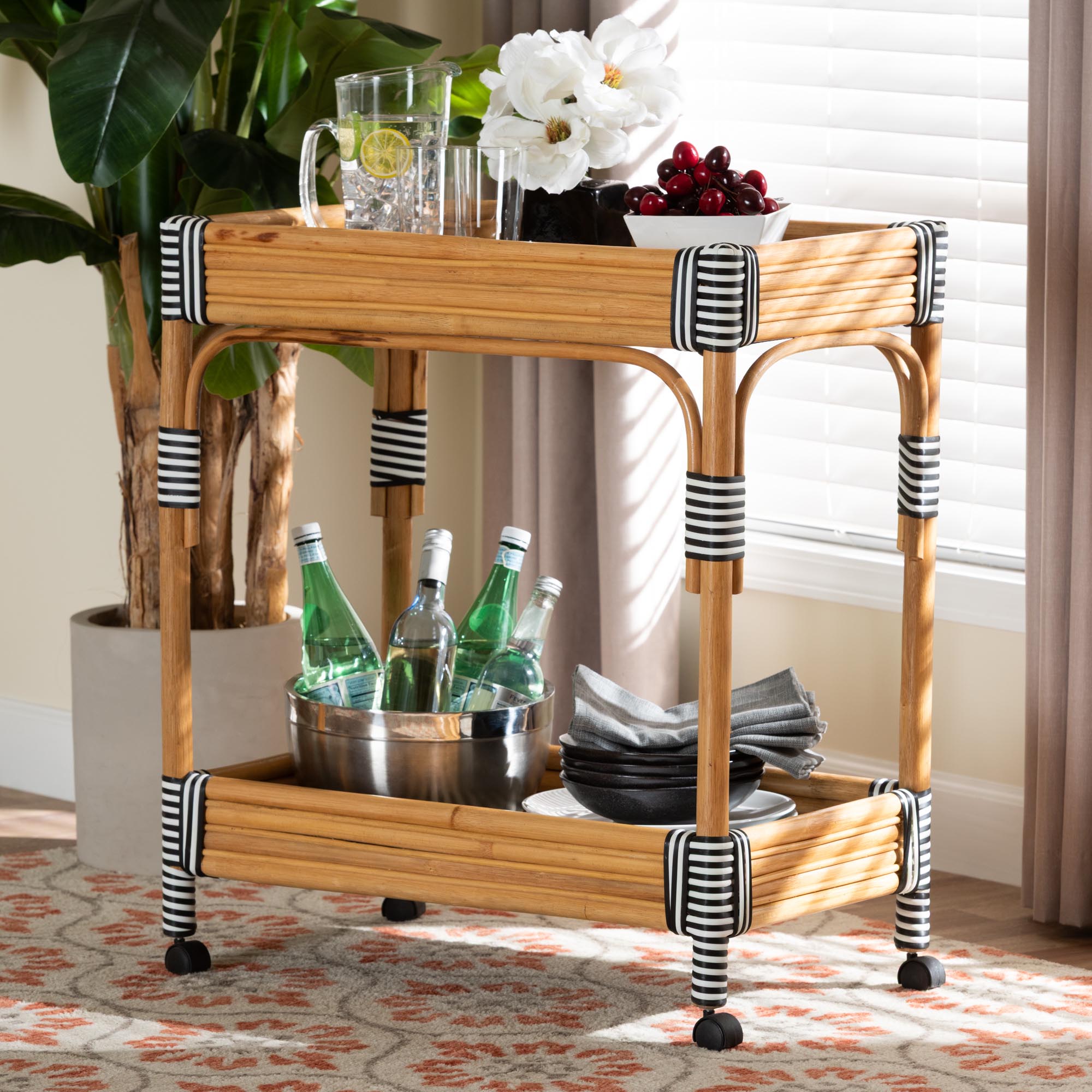 Carmine Natural Rattan Kitchen Cart - 2-Tier Handwoven Wicker Storage Trolley with Raised Borders for Kitchen or Lounge