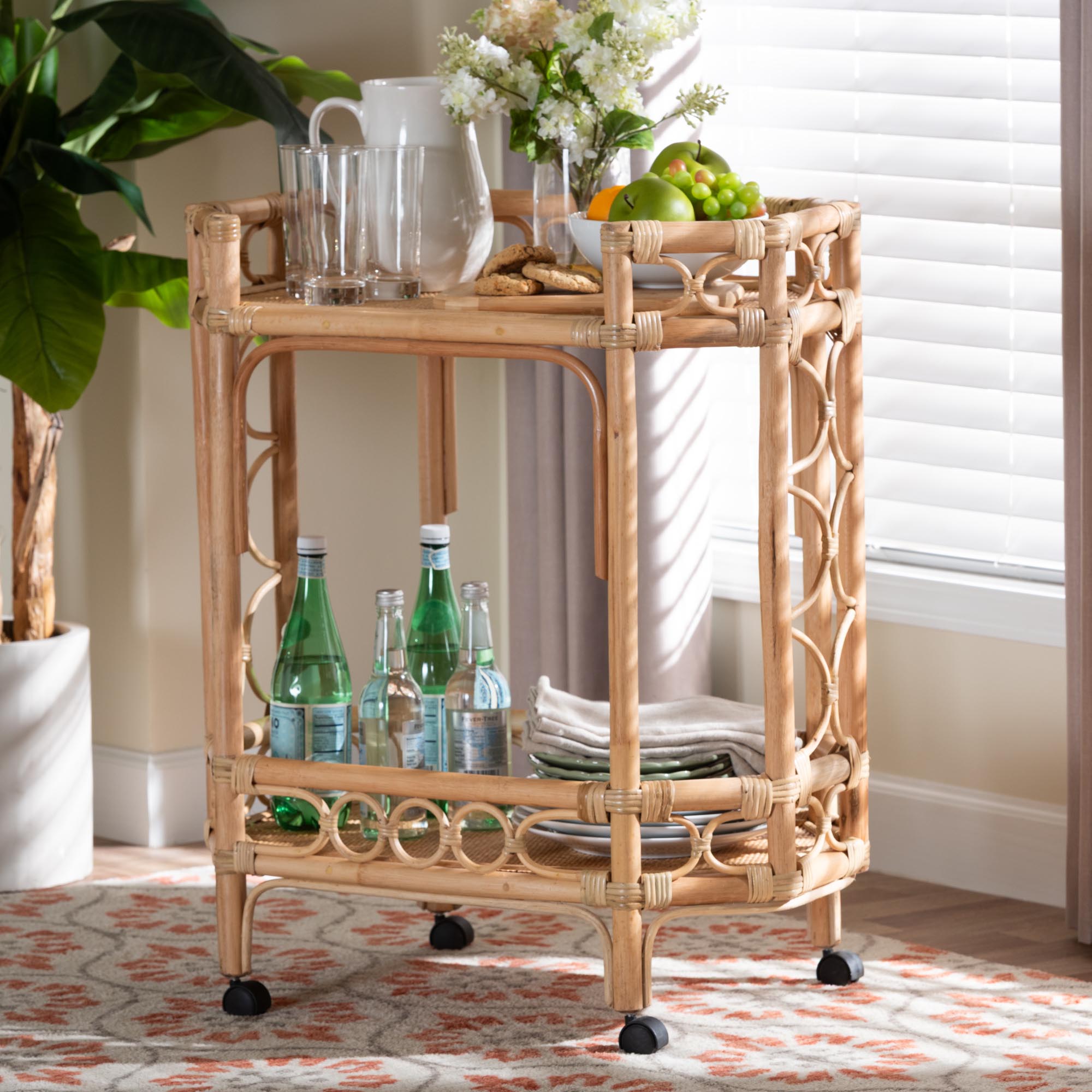 Rene Natural Rattan Kitchen Cart - 2-Tier Handwoven Wicker Storage Trolley with Handle for Kitchen or Lounge