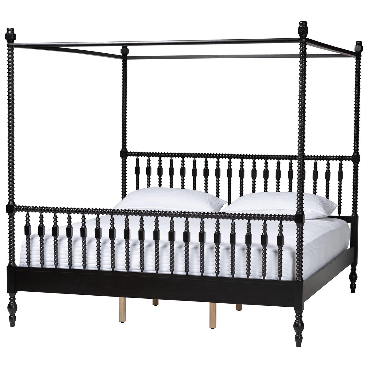 Callison Spindle Canopy Bed - Turned Farmhouse Bed Frame with Spoked Headboard and Sculpted Legs, Black, King