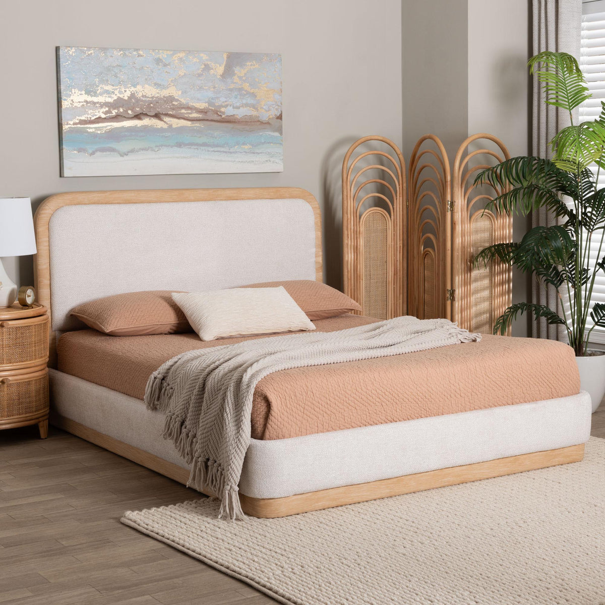 Aiman Upholstered Platform Bed with Faux Leather Trim, Queen