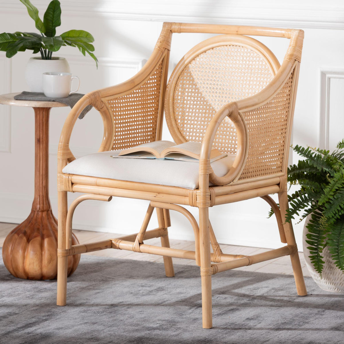 Matt Natural Rattan Armchair with Upholstered Seat