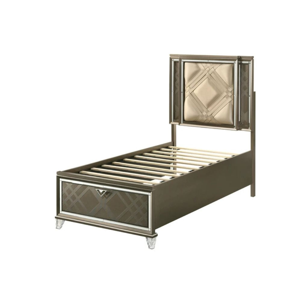 Skylar Twin Bed w/Storage & LED, LED, Synthetic Leather & Dark Champagne