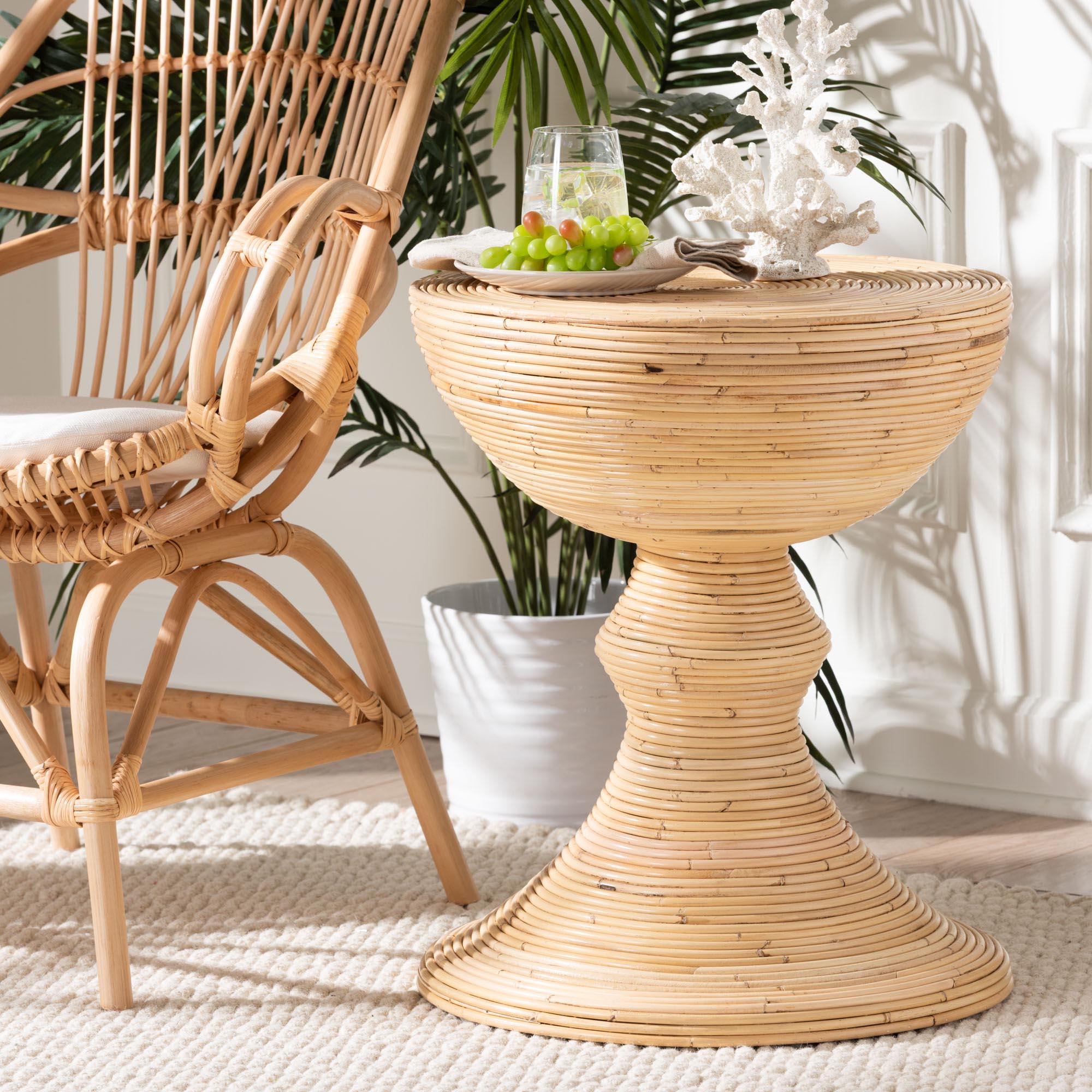 Brookwood Natural Rattan End Table - Handcrafted Wicker Sculptural Accent Table with Pedestal Base for Living Room or Sun Room
