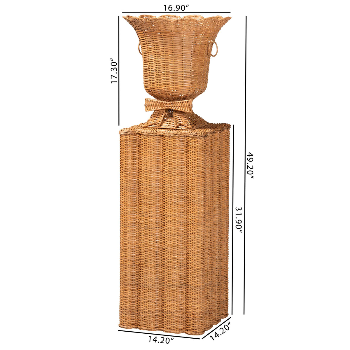 Chie Natural Rattan Urn and Pedestal Set with Scalloped Edge Detail, Light Honey