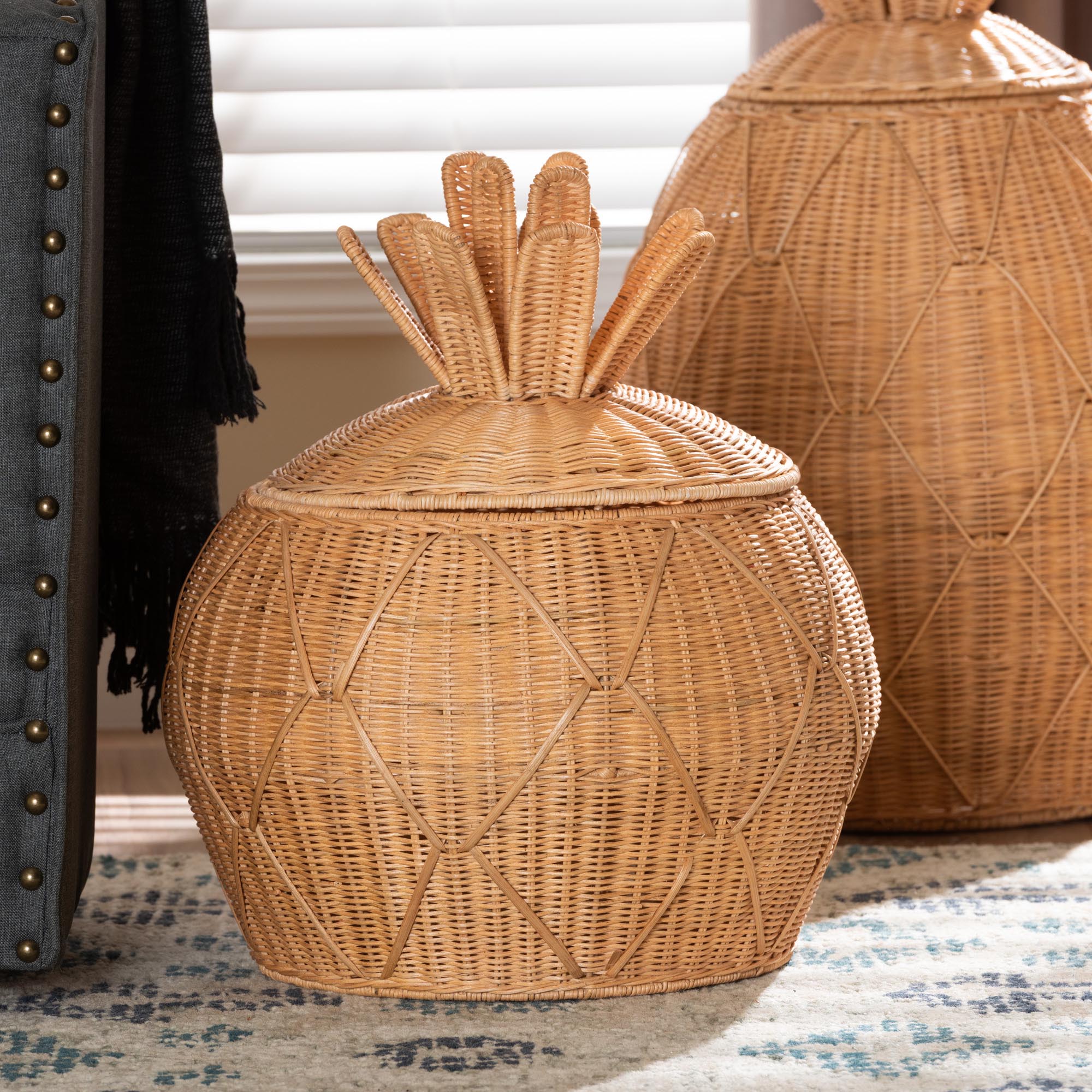 Pelham Natural Rattan Laundry Hamper - Handwoven Wicker Storage Basket for Laundry Room, Bathroom, or Bedroom Organization, Small