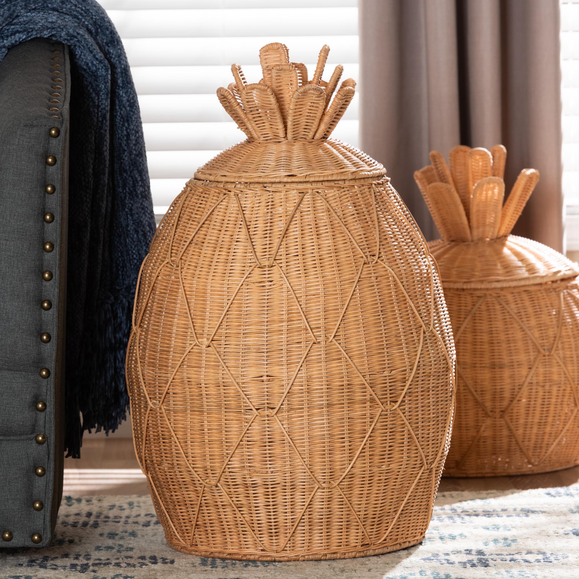 Pelham Natural Rattan Laundry Hamper - Handwoven Wicker Storage Basket for Laundry Room, Bathroom, or Bedroom Organization, Large