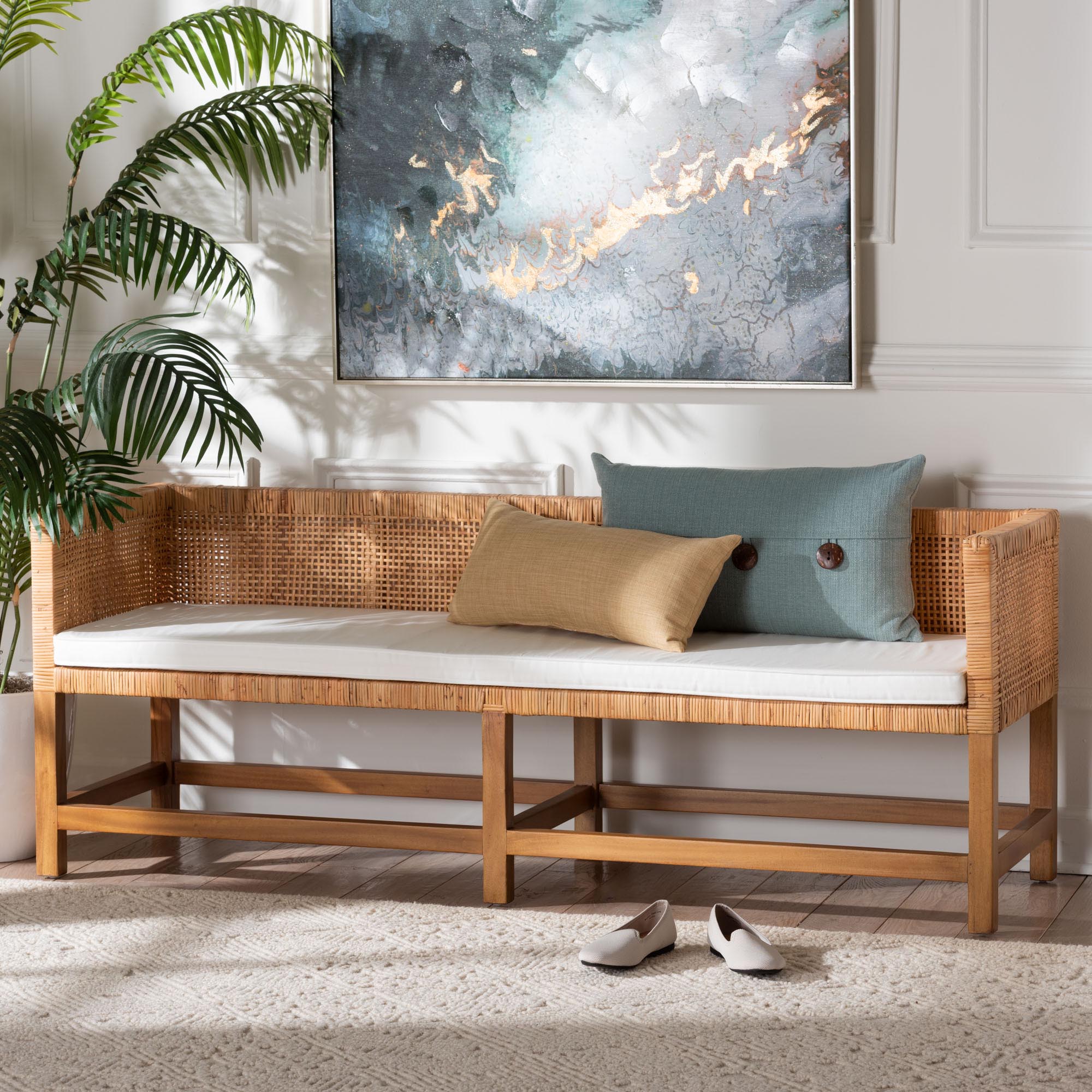 Vivan Natural Rattan Bench - Handwoven Wicker Accent Seating with Cushion and Backrest