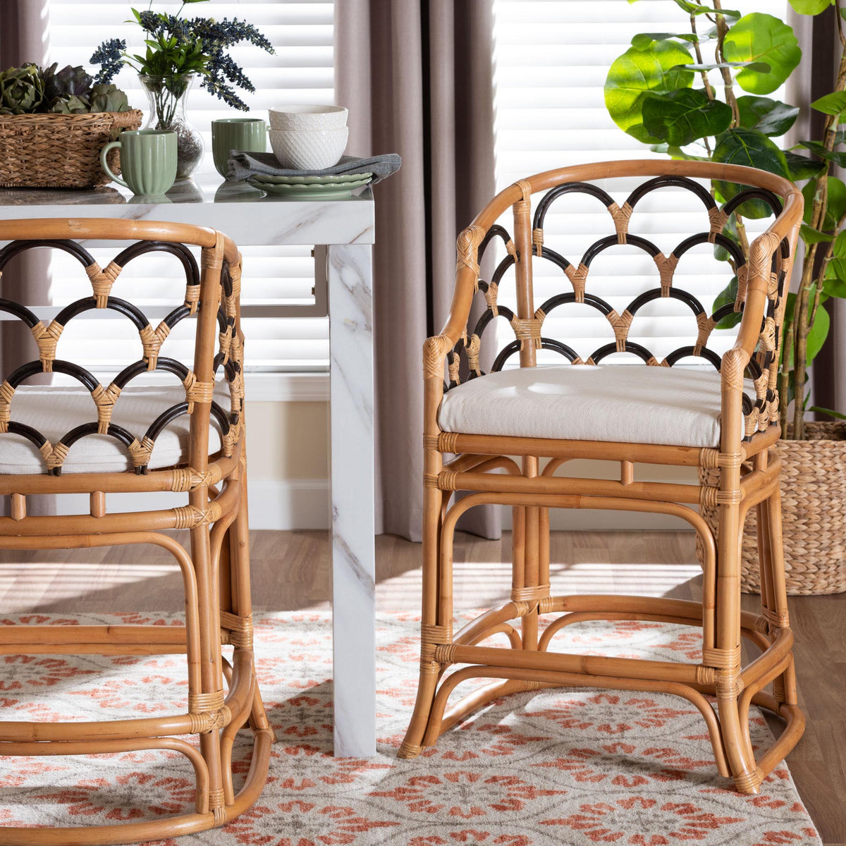 Veneto Natural Rattan Counter Stool with Scalloped Back