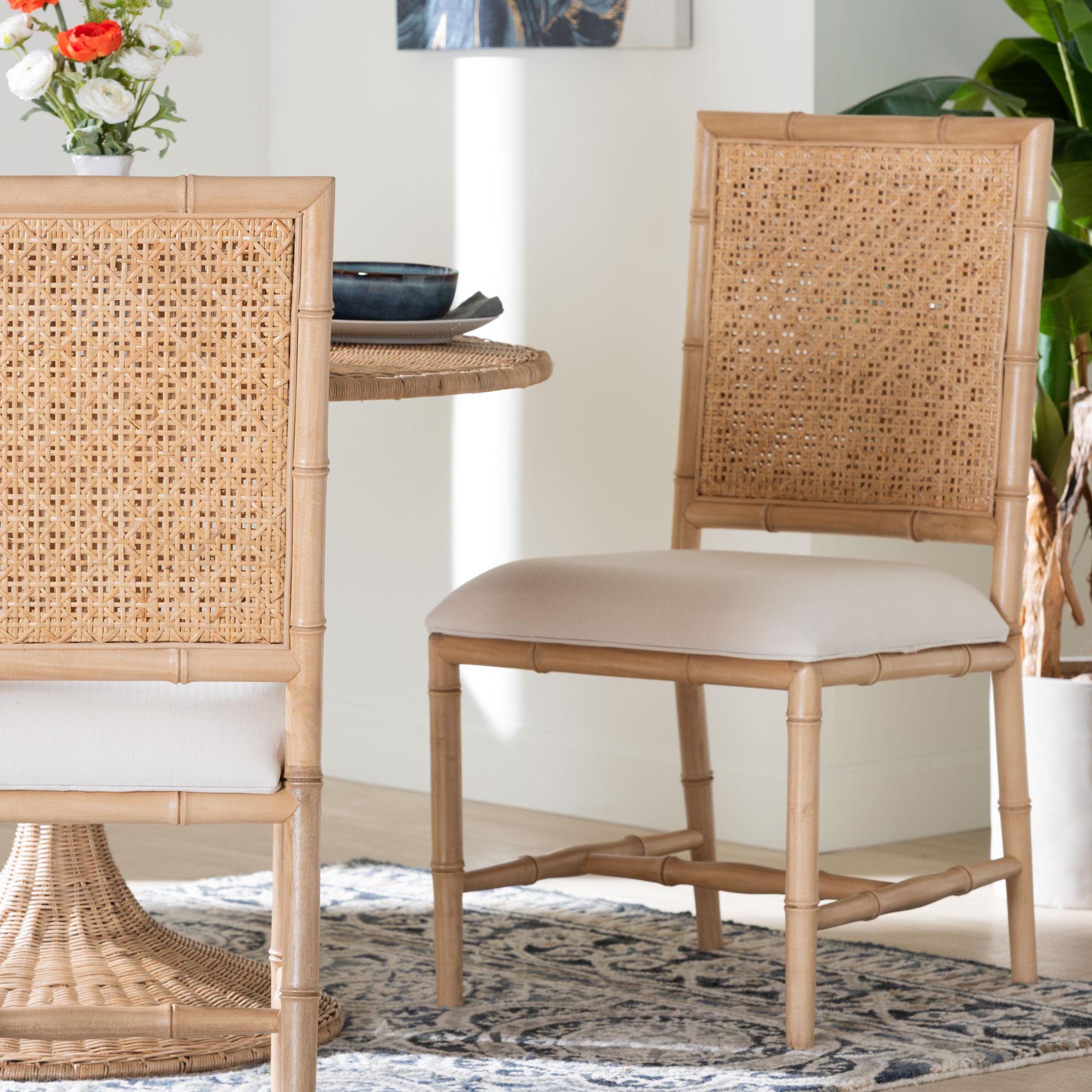 Sandy Dining Chair - Crafted Wood and Natural Rattan Side Chair with Bamboo Motif and Upholstered Seat