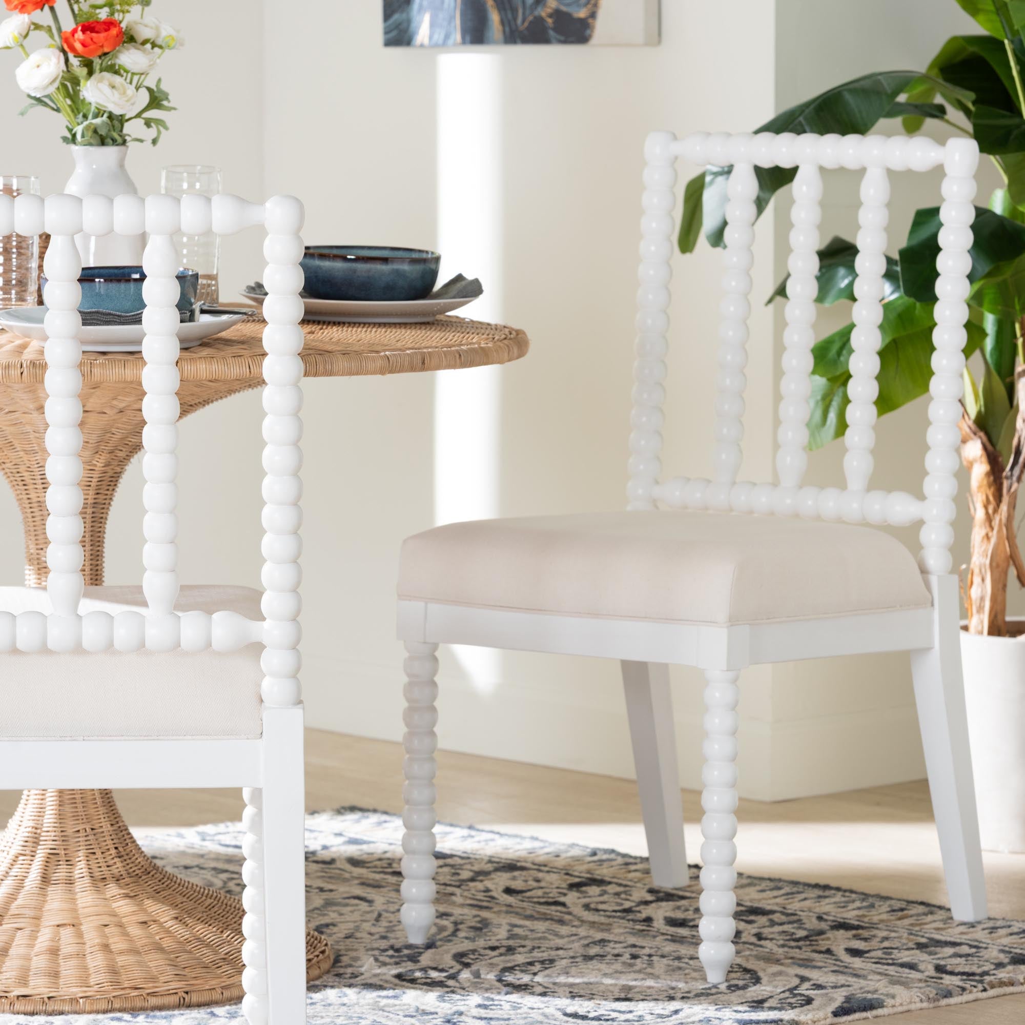 Deya Bobbin Dining Chair - Wood Side Chair with Upholstered Seat and Spindle Backrest, White