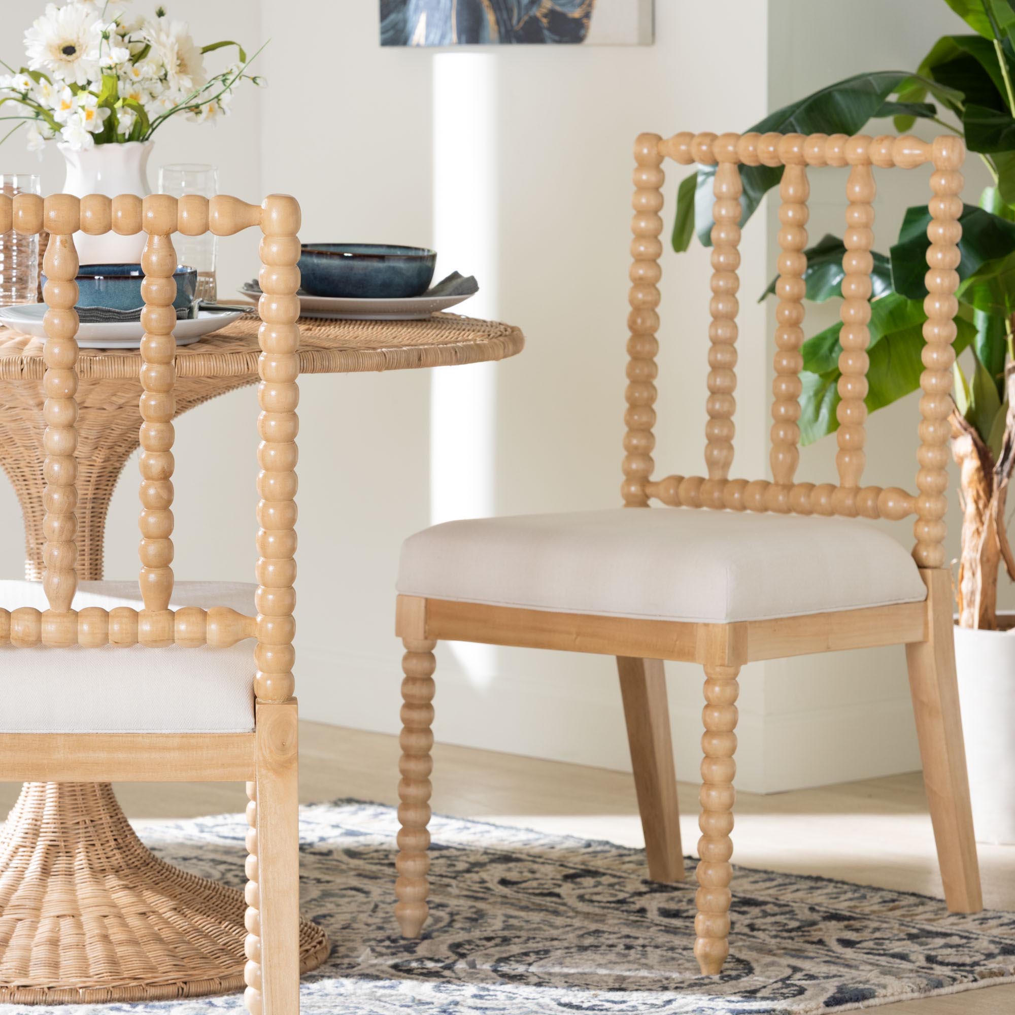 Deya Bobbin Dining Chair - Wood Side Chair with Upholstered Seat and Spindle Backrest, Natural Brown