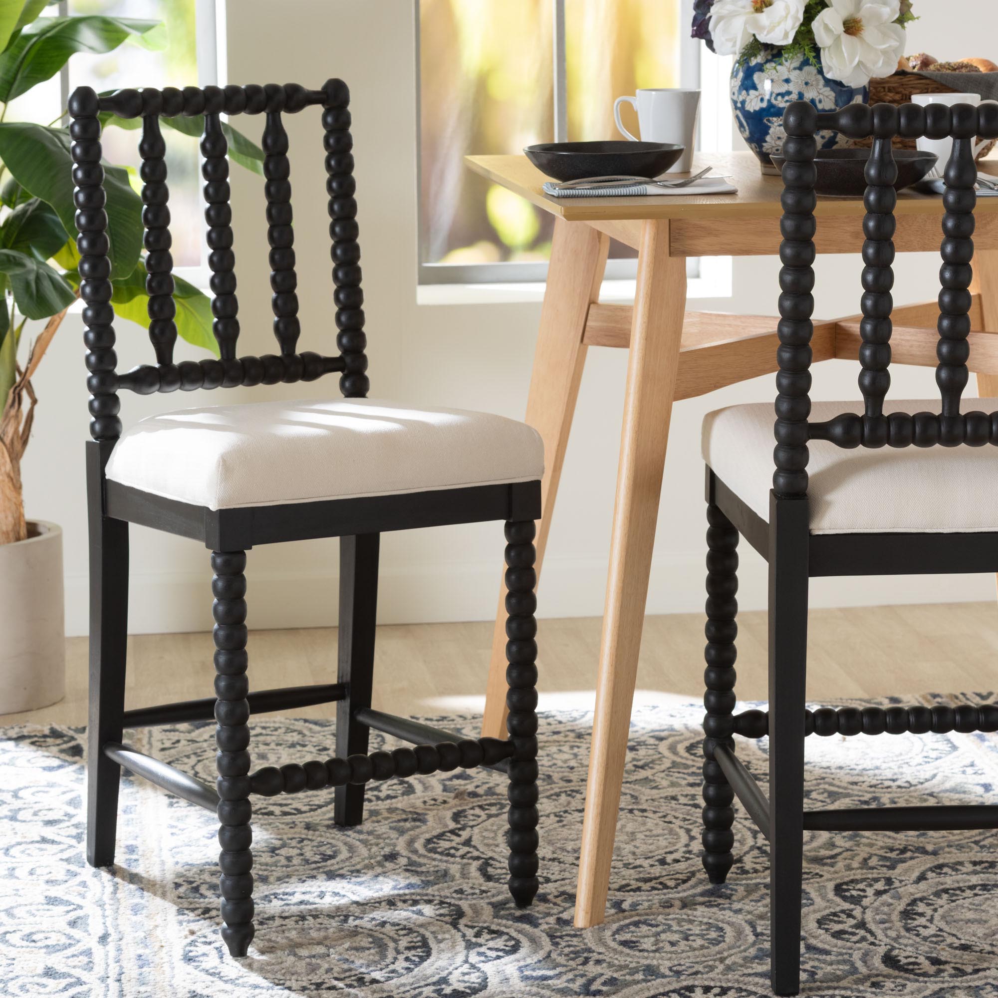 Deya Bobbin Counter Stool - Sculptural Wood Kitchen Seating with Upholstered Seat and Spindle Back, Black