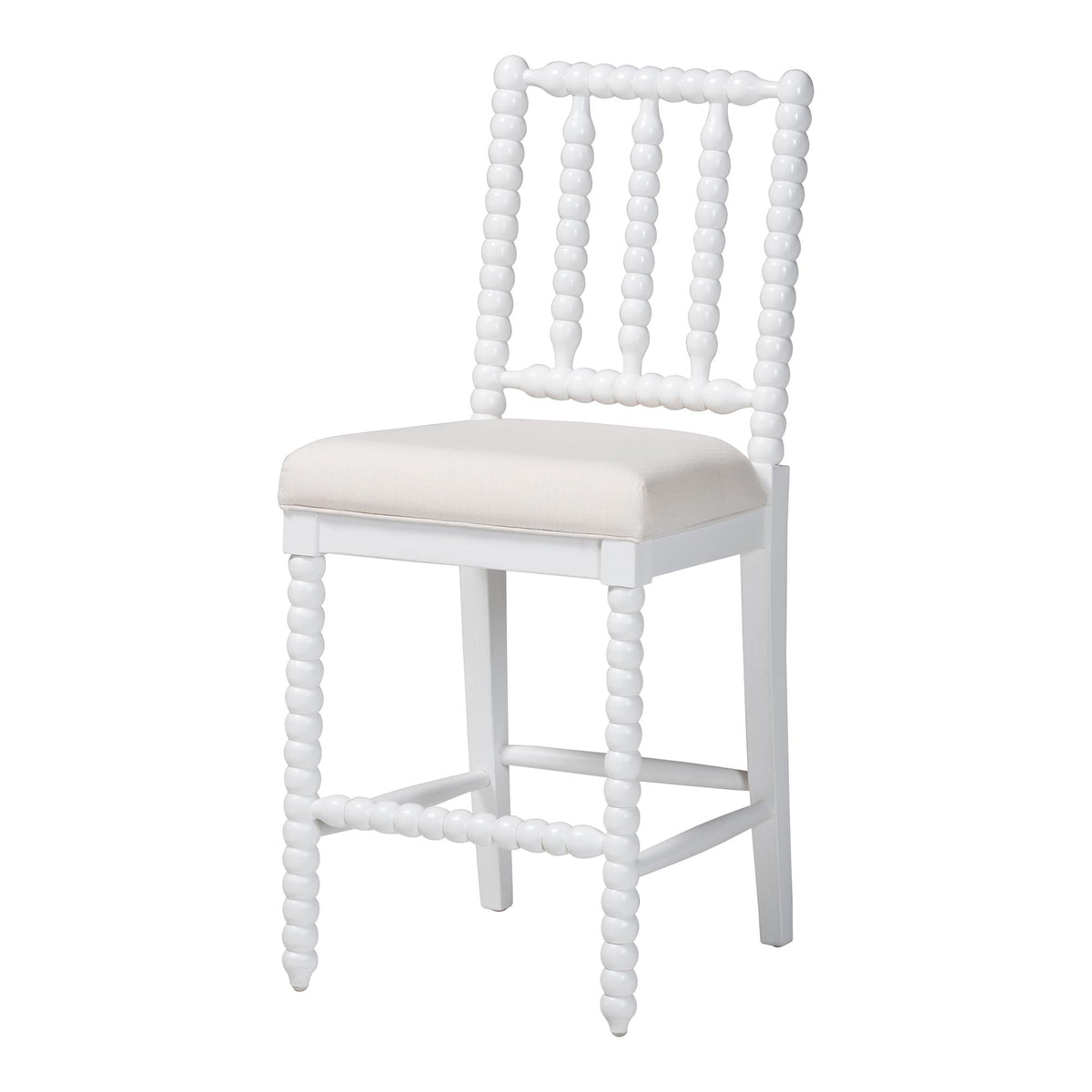 Deya Bobbin Counter Stool - Sculptural Wood Kitchen Seating with Upholstered Seat and Spindle Back, White