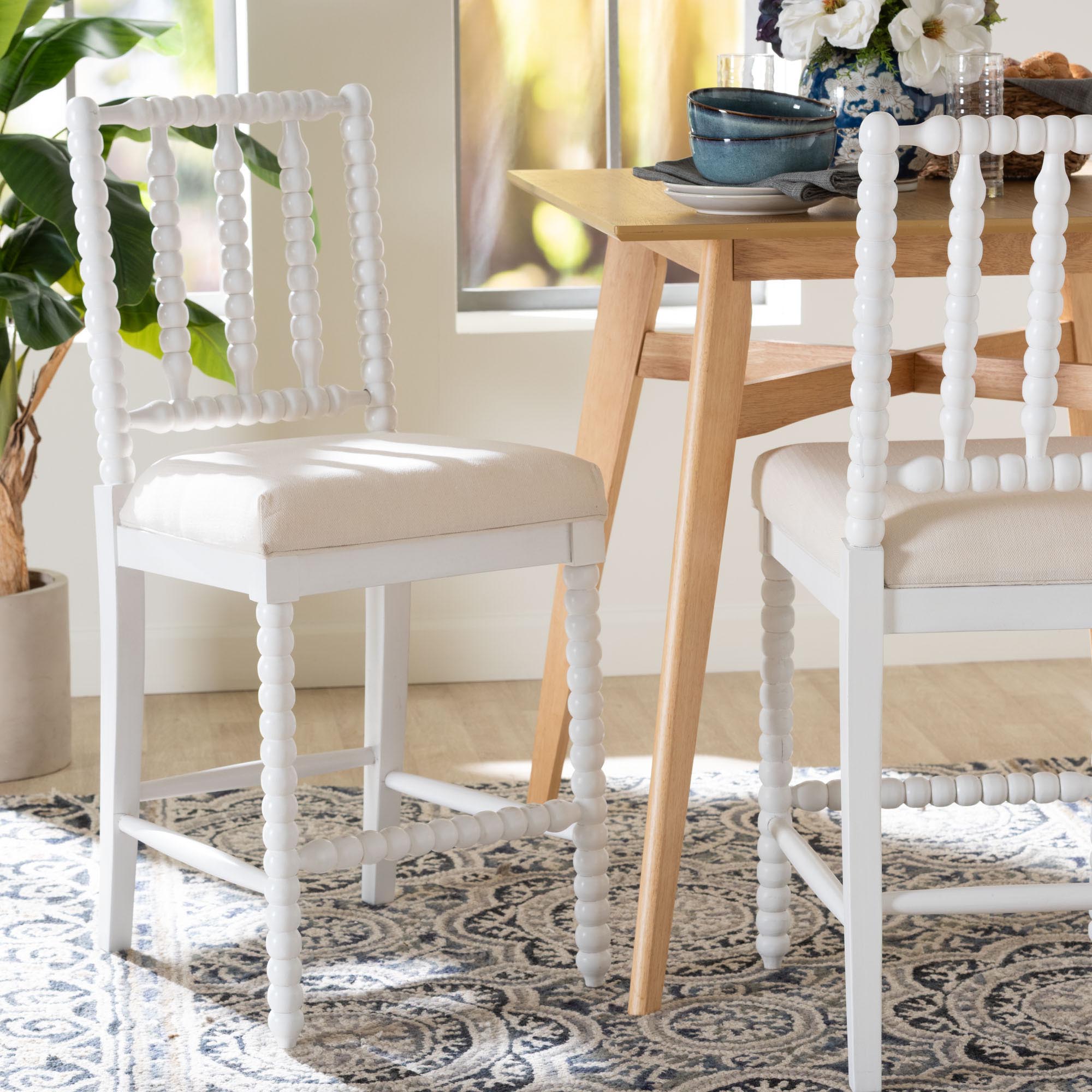 Deya Bobbin Counter Stool - Sculptural Wood Kitchen Seating with Upholstered Seat and Spindle Back, White