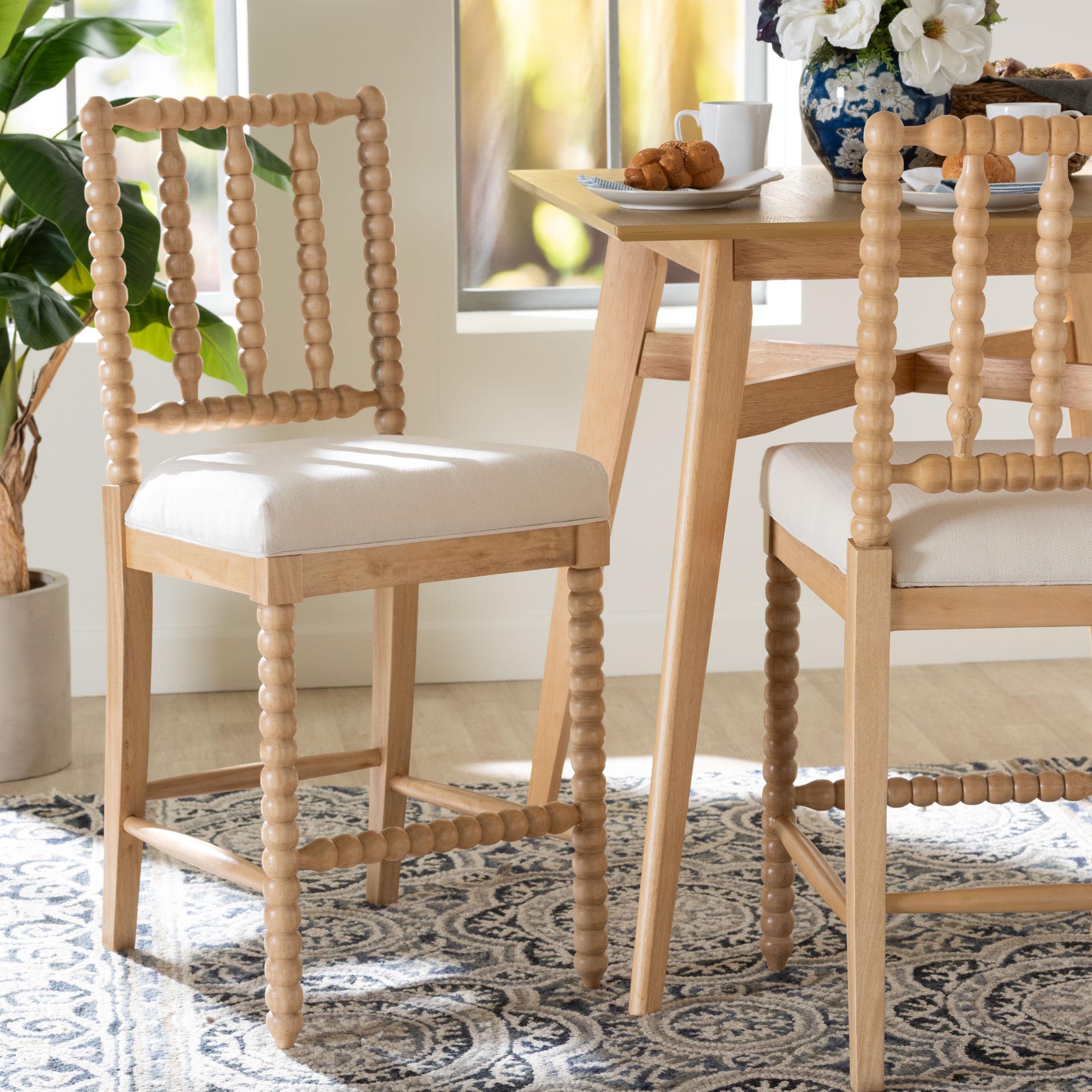 Deya Bobbin Counter Stool - Sculptural Wood Kitchen Seating with Upholstered Seat and Spindle Back, Natural Brown