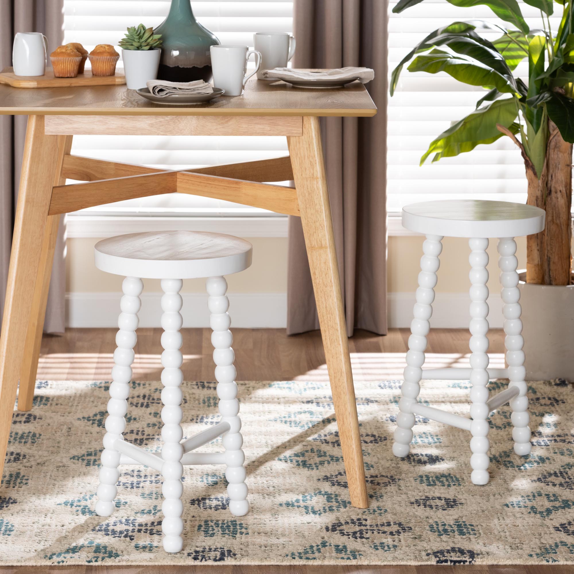 David Acacia Wood Bobbin Counter Stool - Sculptural Backless Accent Stool for Kitchen Island or Lounge with Footrest, White