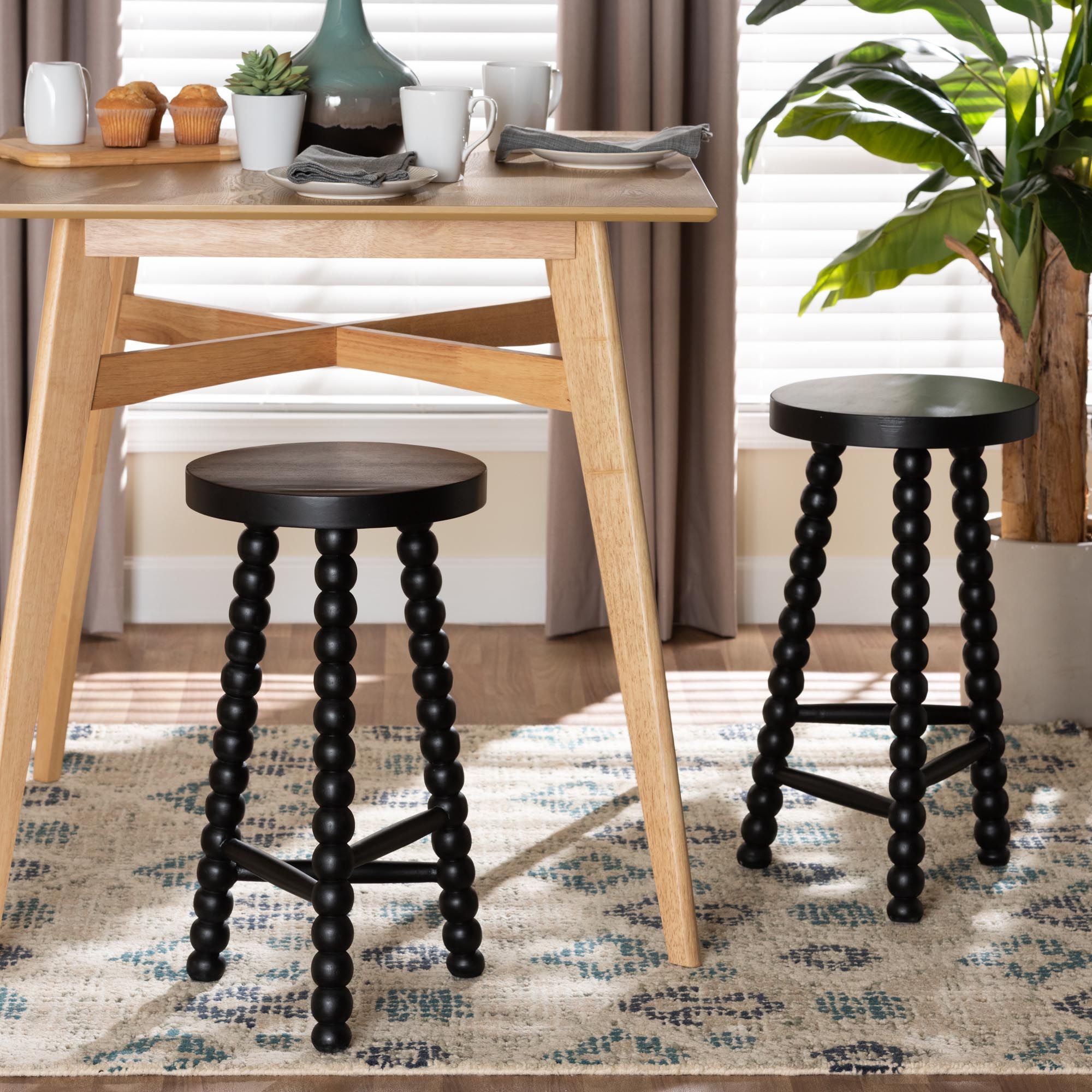 David Acacia Wood Bobbin Counter Stool - Sculptural Backless Accent Stool for Kitchen Island or Lounge with Footrest, Black