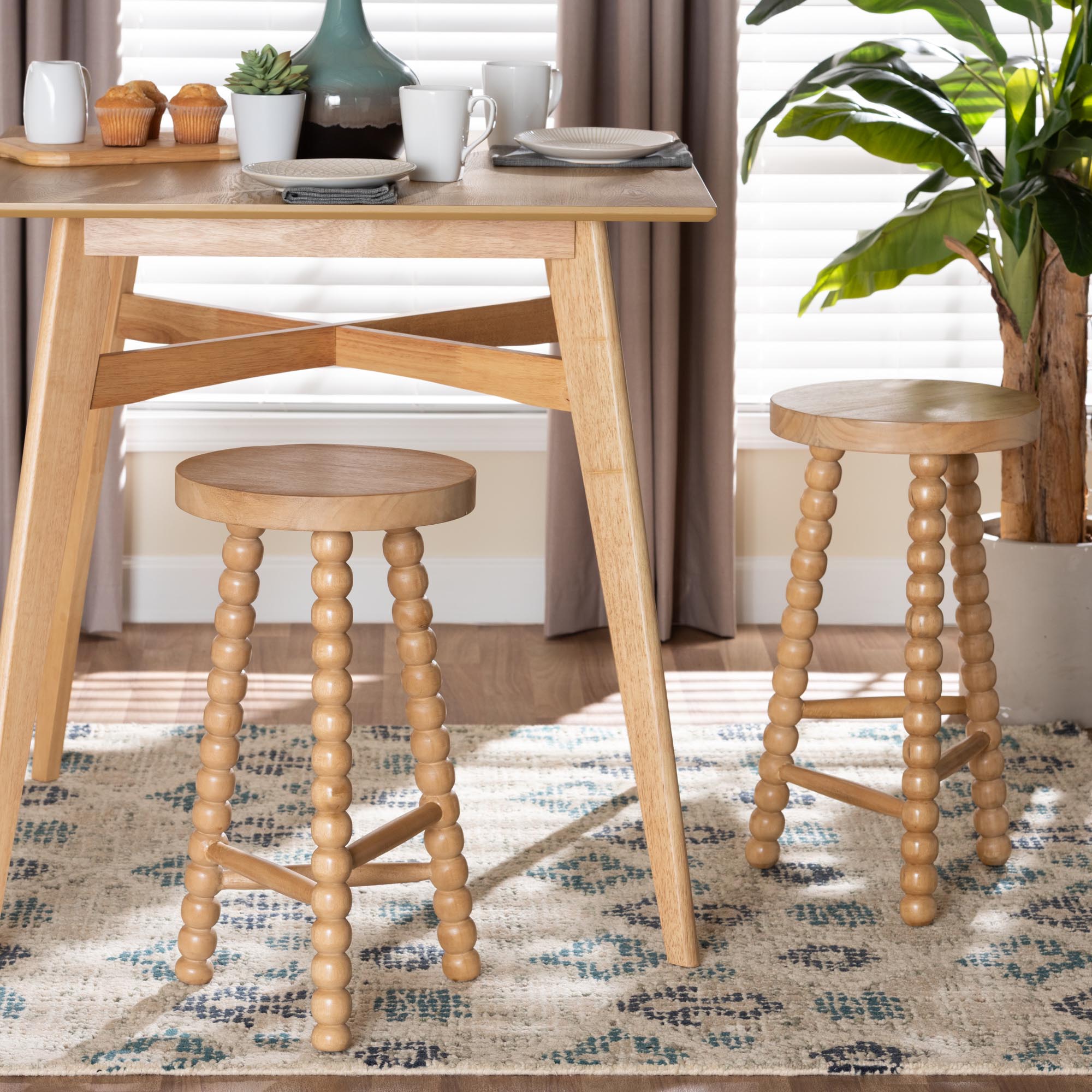 David Acacia Wood Bobbin Counter Stool - Sculptural Backless Accent Stool for Kitchen Island or Lounge with Footrest, Natural Brown