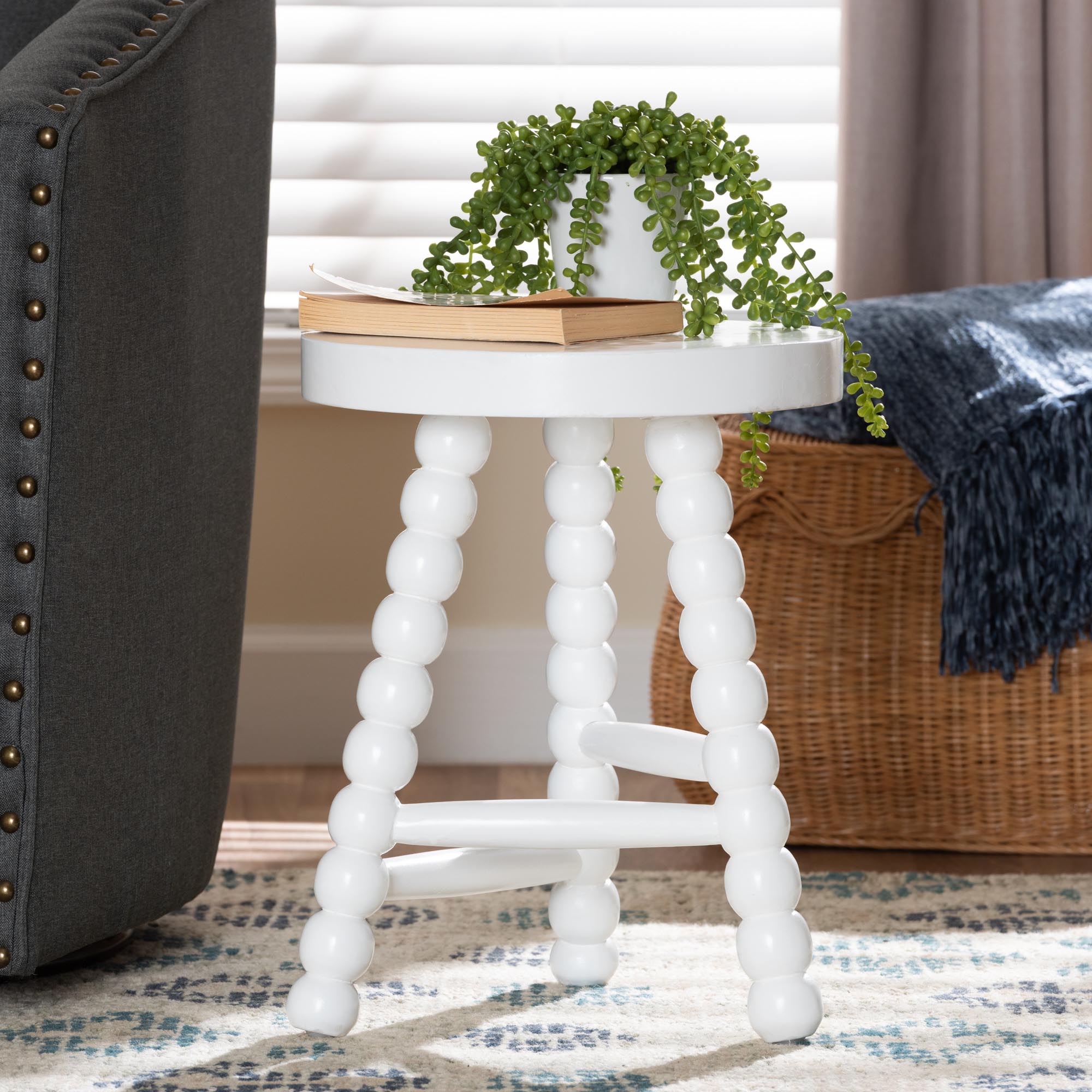David Acacia Wood Multipurpose Accent Stool - Turned Bobbin Decorative Side ottoman with Tripod Base, White