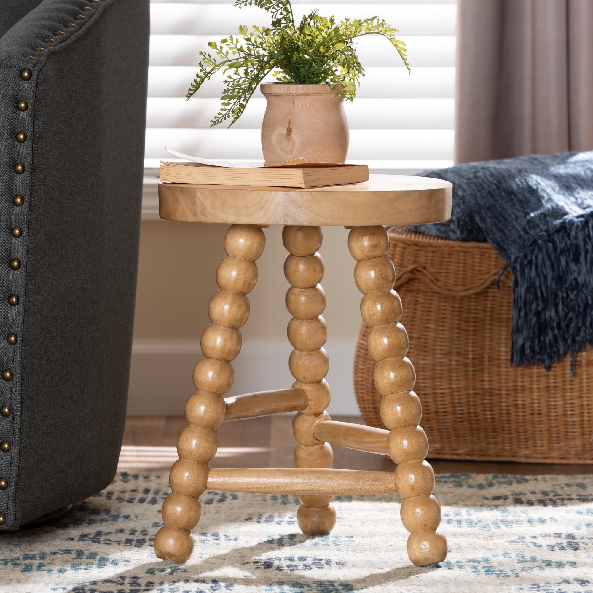 David Acacia Wood Multipurpose Accent Stool - Turned Bobbin Decorative Side ottoman with Tripod Base, Natural Brown