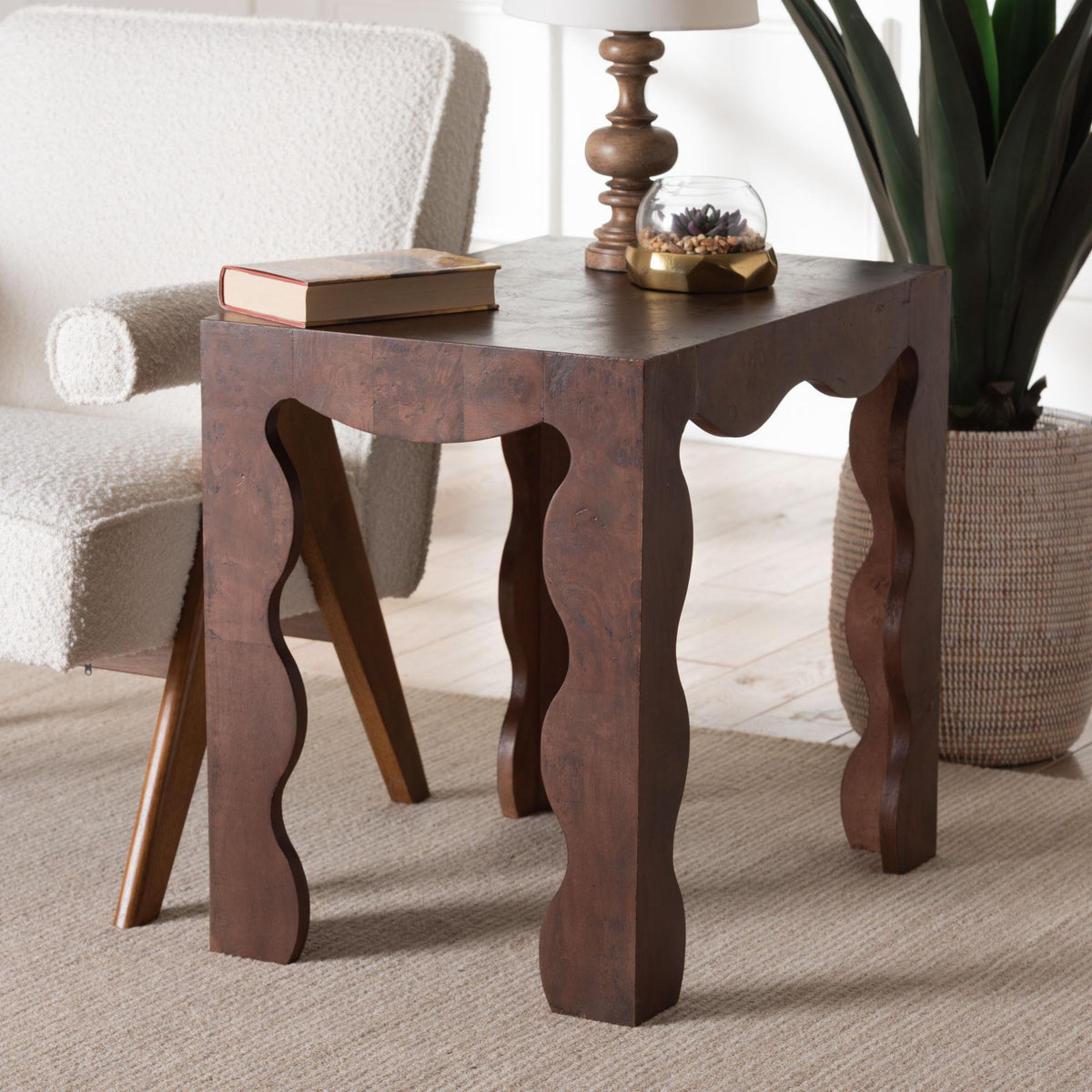 Huxley Real Burl Wood Scalloped End Table, Dark Walnut
