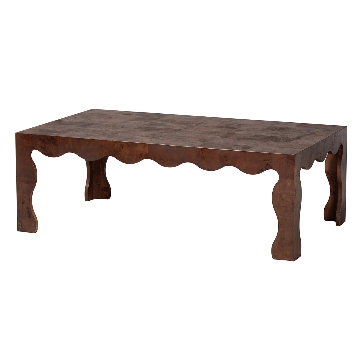 Huxley Real Burl Wood Scalloped Coffee Table, Dark Walnut