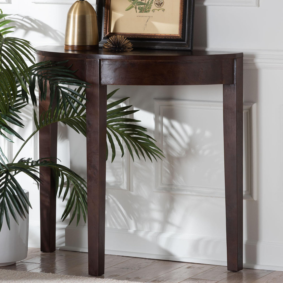 Jihan Real Burl Wood Half-Moon Console Table, Dark Walnut
