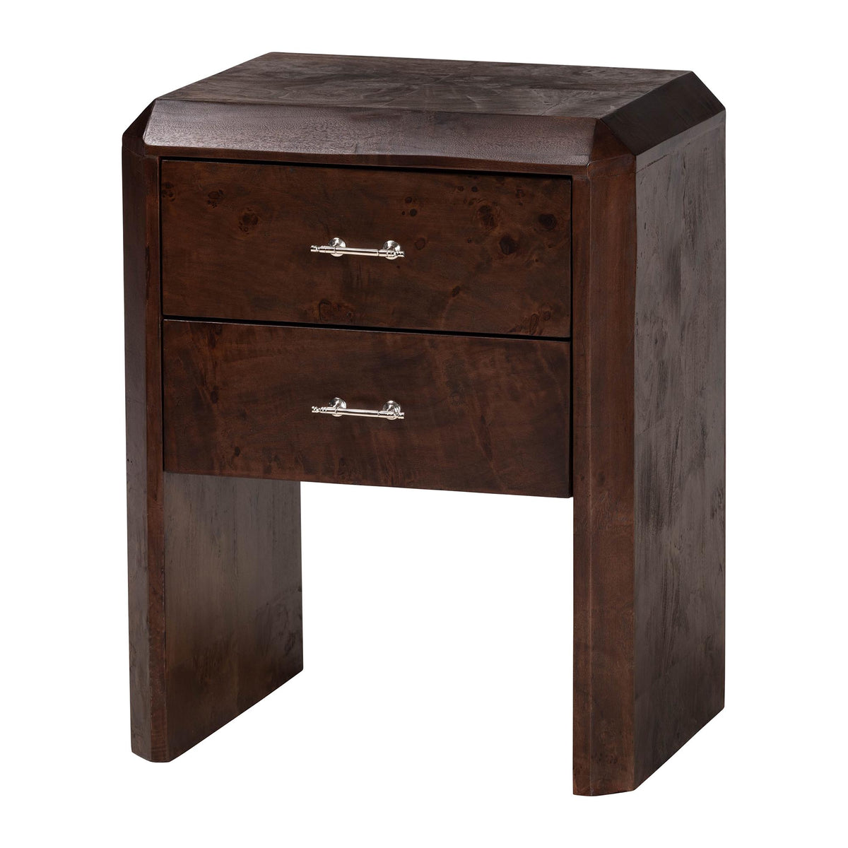 Nebu Real Burl Wood 2-Drawer Nightstand, Dark Walnut