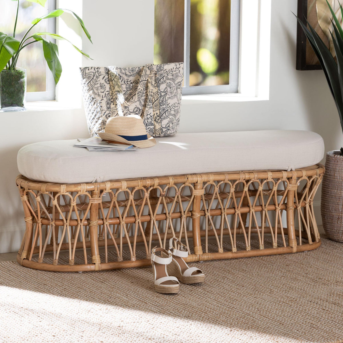 Adelpha Natural Rattan Accent Bench with Cushioned Seat