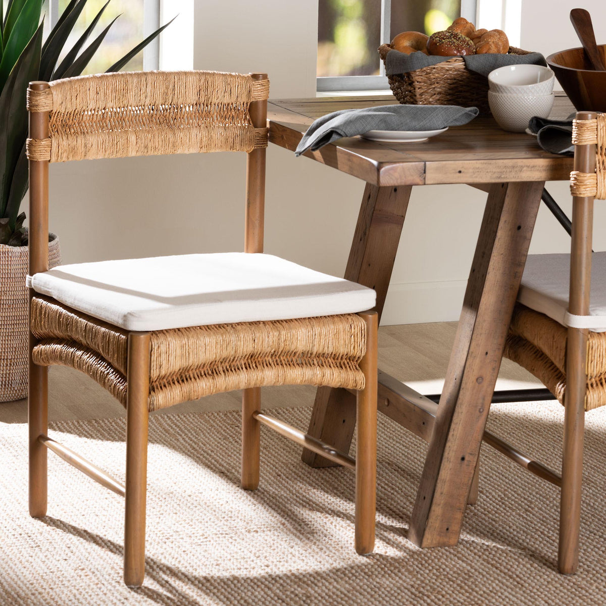 Elvera Woven Seagrass and Mahogany Wood Dining Chair