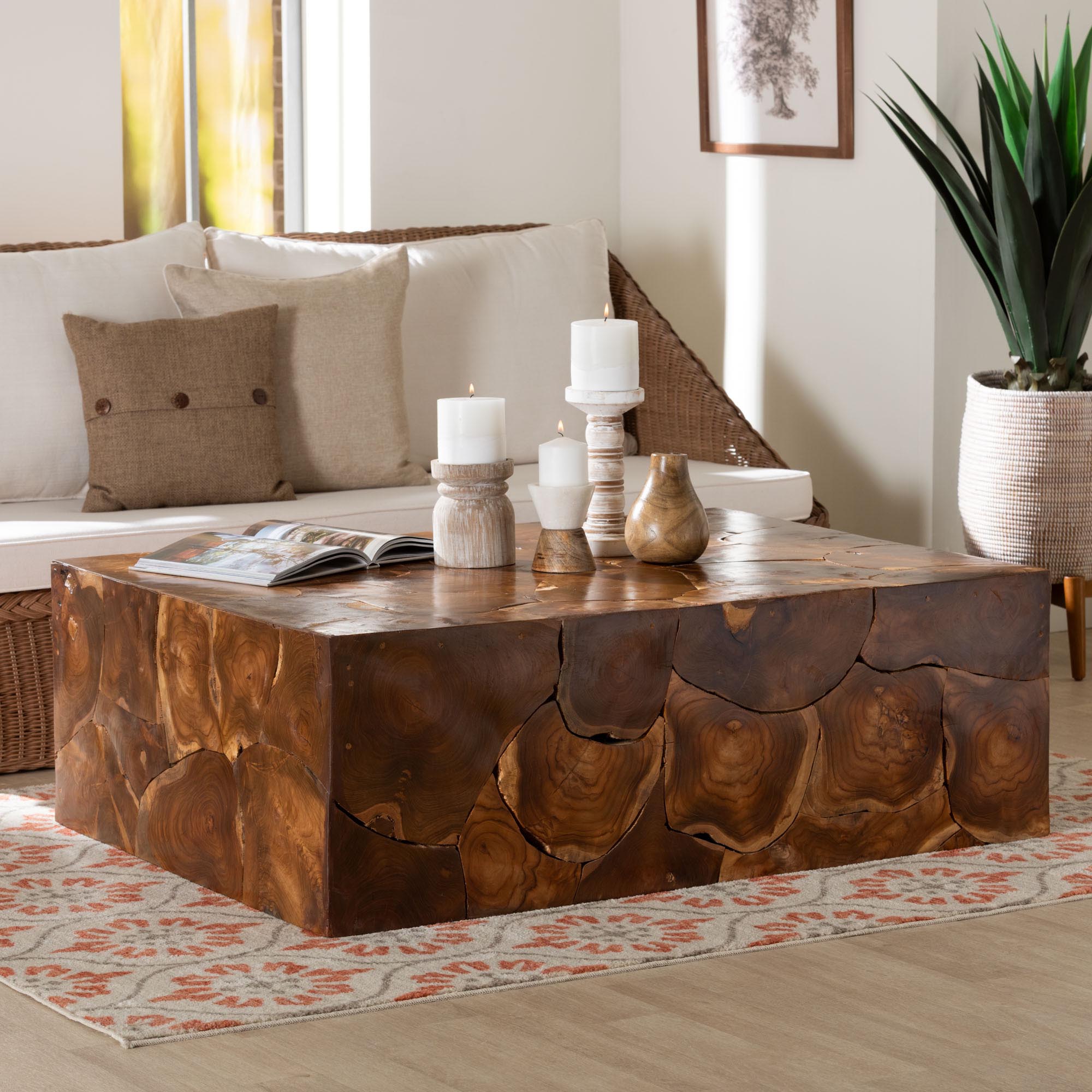 Eldora Teak Wood Coffee Table - Handcrafted Live-Edge Accent Table, Low Profile Design for Living Room